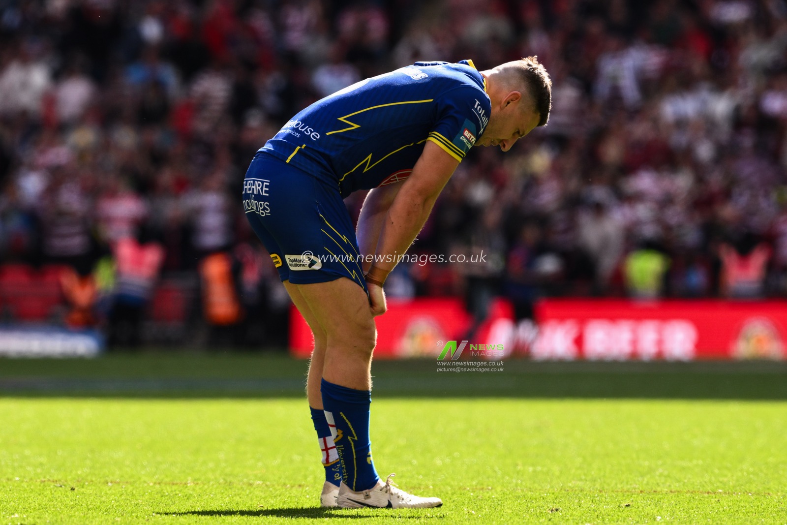 George Williams of Warrington Wolves reacts to his teamâ€™s loss after during the Betfred Challenge Cup Final match Warrington Wolves vs Wigan Warriors at Wembley Stadium, London, United Kingdom, 8th June 2024

(Photo by Craig Thomas/News Images)