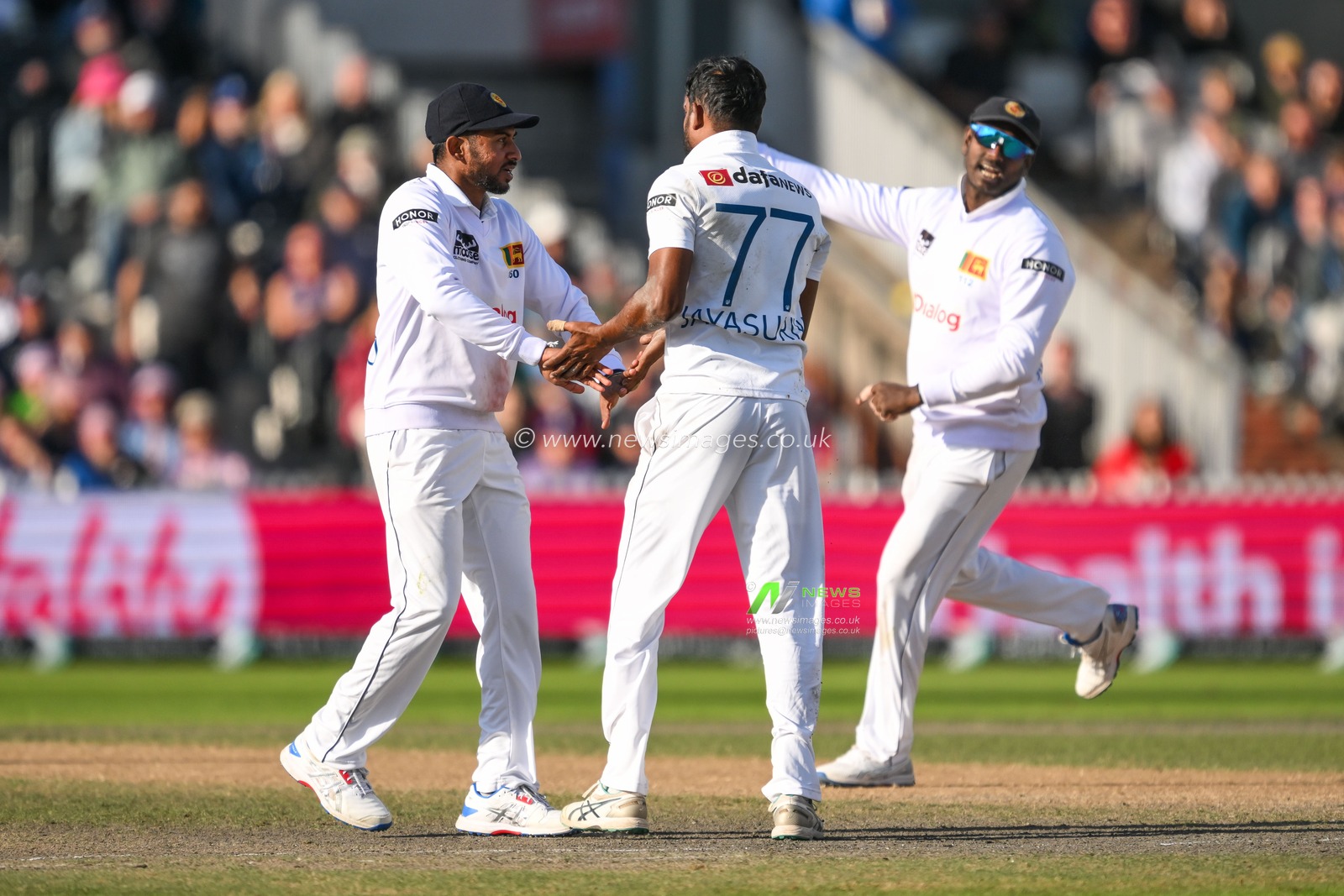 Prabath Jayasuriya of Sri Lanka celebrates getting Harry Brook of England out caught and bowling during the England Men v Sri Lanka 1st Rothesay Test Match Day 4 at Old Trafford, Manchester, United Kingdom, 24th August 2024

(Photo by Craig Thomas/News Images)