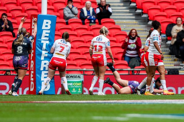 Megan Williams of Wigan Warriors goes over for a try during the Betfred Women's Challenge Cup Final St Helens vs Wigan Warriors at Wembley Stadium, London, United Kingdom, 7th June 2025

(Photo by Izzy Poles/News Images)