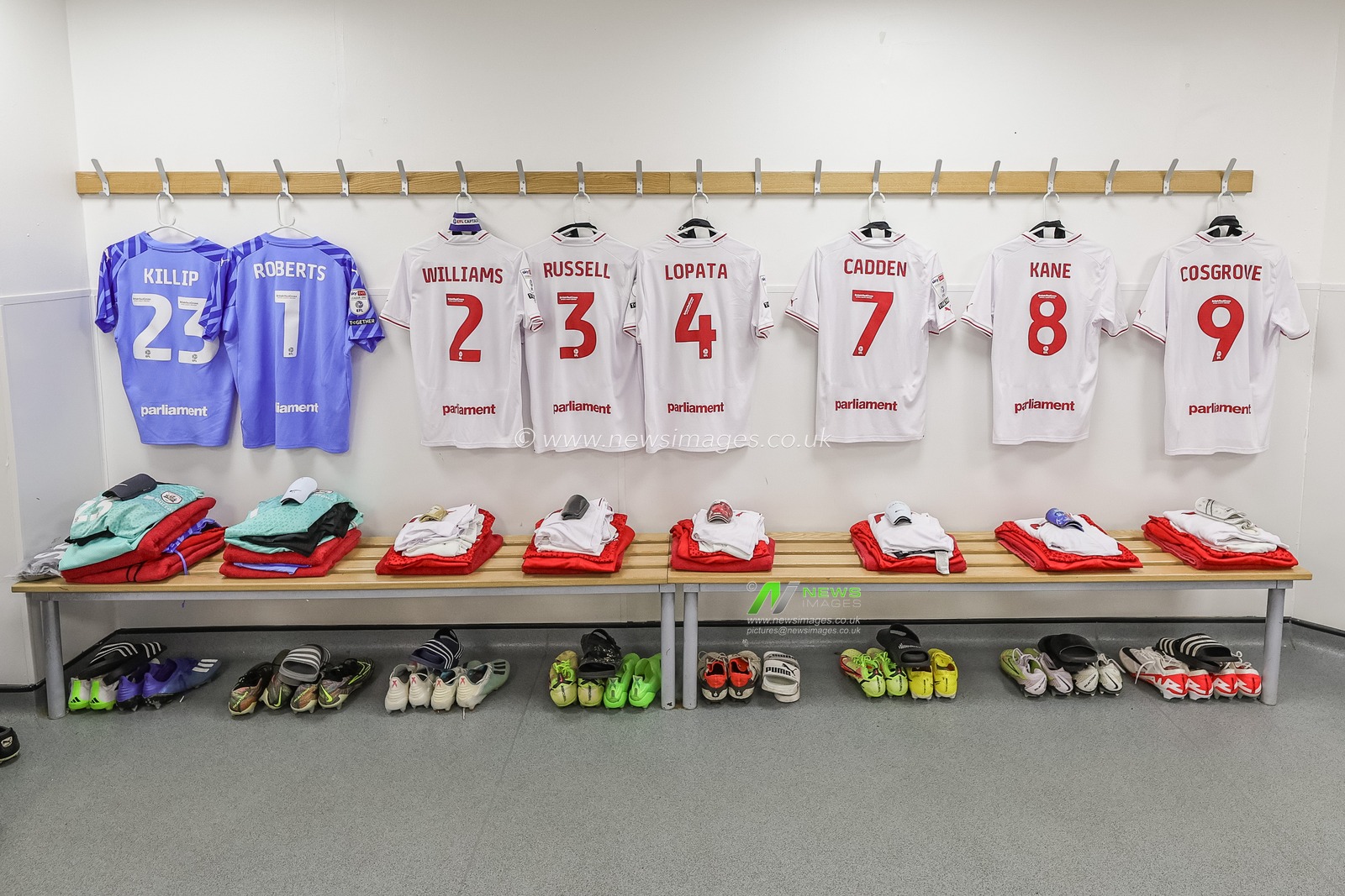 Barnsley FC away shirts hung in the dressing room during the Sky Bet League 1 match Northampton Town vs Barnsley at Sixfields Stadium, Northampton, United Kingdom, 23rd September 2023

(Photo by Mark Cosgrove/News Images)