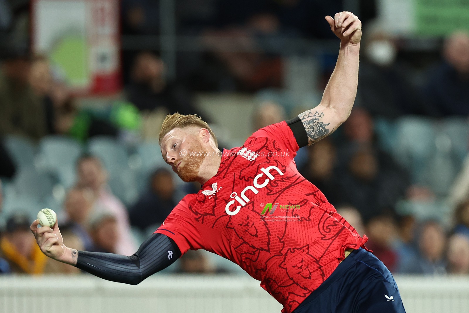 Ben Stokes of England attempts a catch on the boundary during the Dettol T20I Series 2 of 3 match Australia vs England at Manuka Oval, Canberra, Australia, 12th October 2022

(Photo by Patrick Hoelscher/News Images)