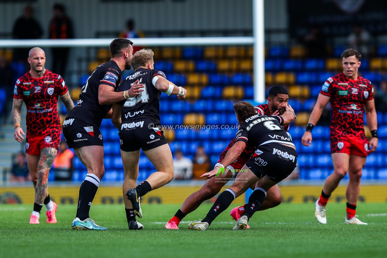 Jack Campagnolo of London Broncos makes a tackle during the Betfred Super League Round 23 match London Broncos vs Leigh Leopards at Plough Lane, Wimbledon, United Kingdom, 25th August 2024

(Photo by Izzy Poles/News Images)