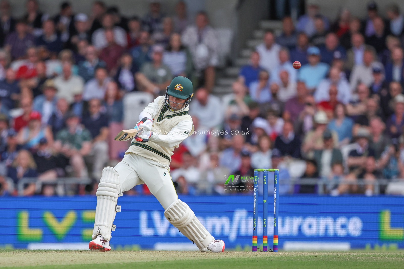 Alex Carey of Australia hits the ball into the hands of Chris Woakes of England and is caught out during the LV= Insurance Ashes Third Test Series Day 1 England v Australia at Headingley Stadium, Leeds, United Kingdom, 6th July 2023

(Photo by Mark Cosgrove/News Images)