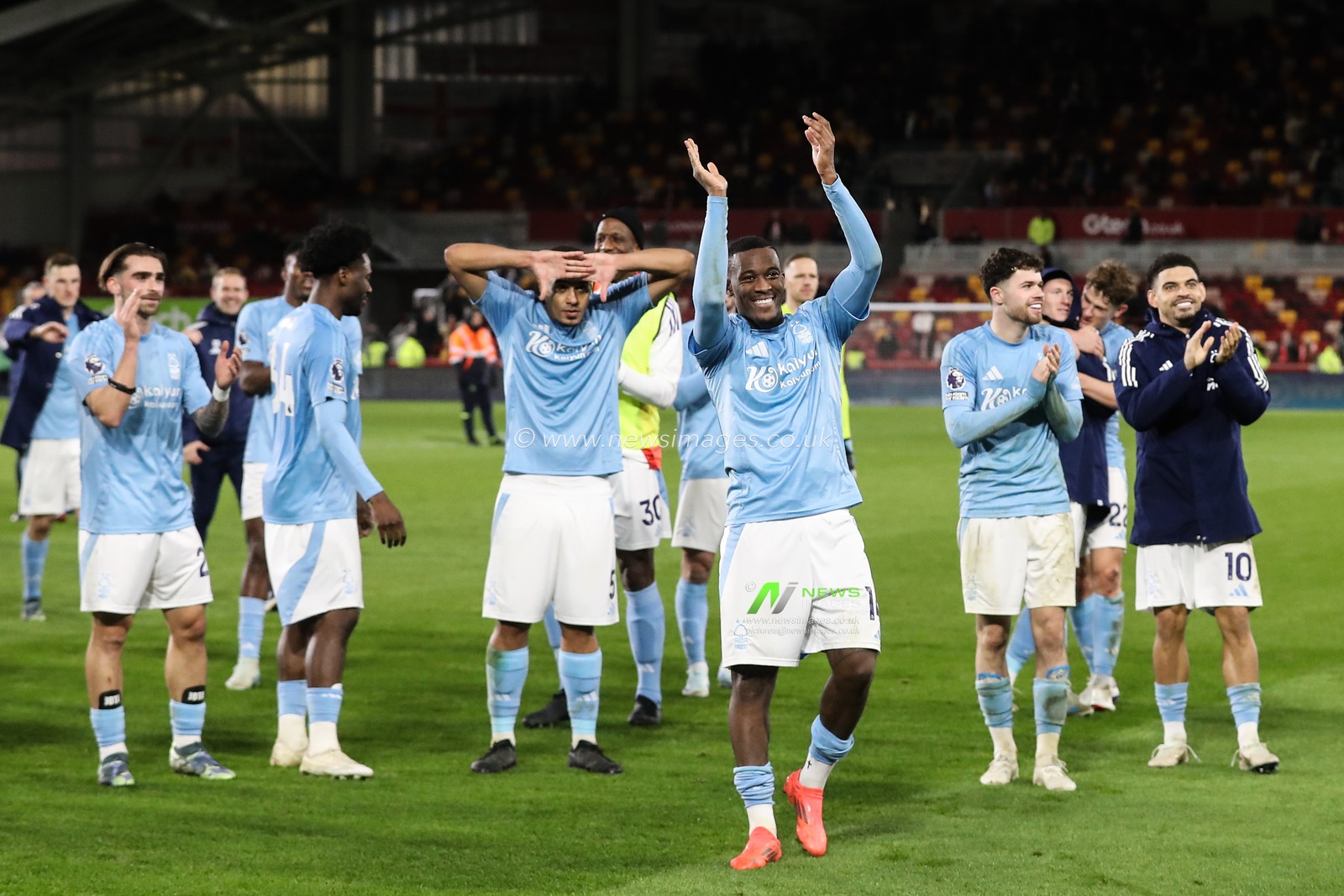 Callum Hudson-Odoi of Nottingham Forest and teammates celebrate their teams win after the Premier League match Brentford vs Nottingham Forest at The Gtech Community Stadium, London, United Kingdom, 21st December 2024

(Photo by Gareth Evans/News Images)