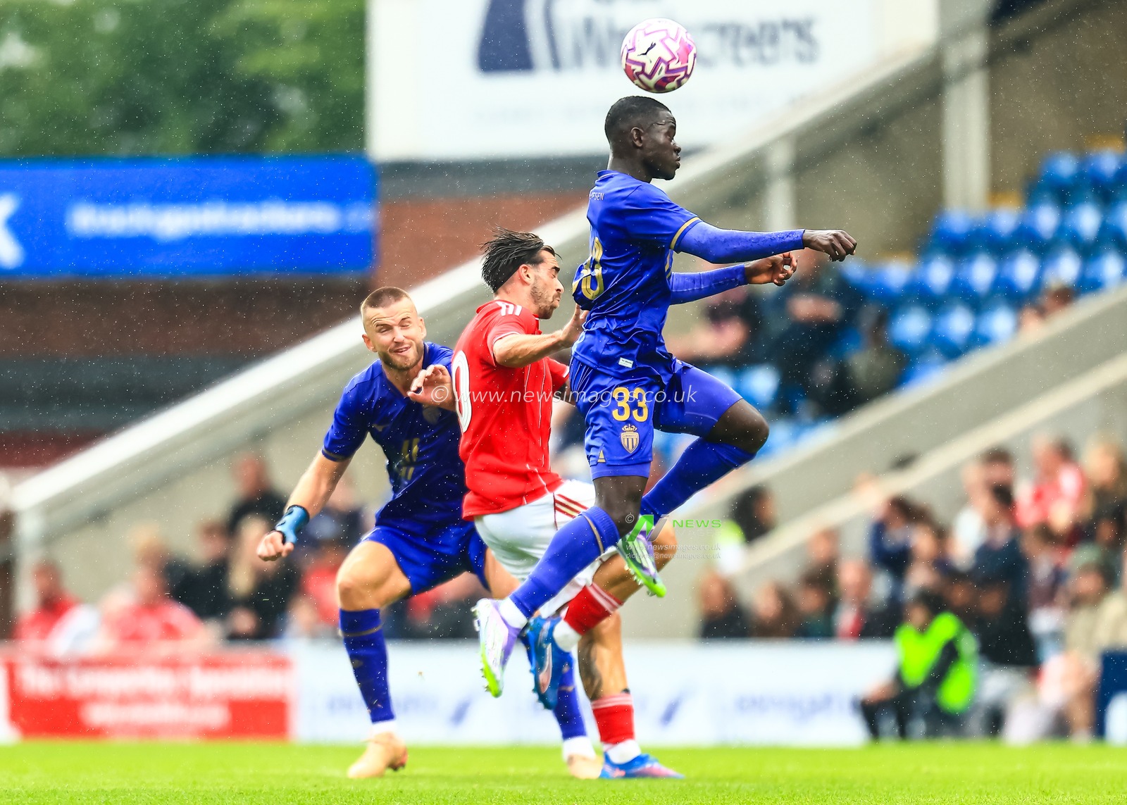 Pape Cabral of Monaco jumps up to win the high ball during the Pre-season friendly match Nottingham Forest vs Monaco at SMH Group Stadiumact Stadium, Chesterfield, United Kingdom, 19th July 2025

(Photo by Richard Bierton/News Images)