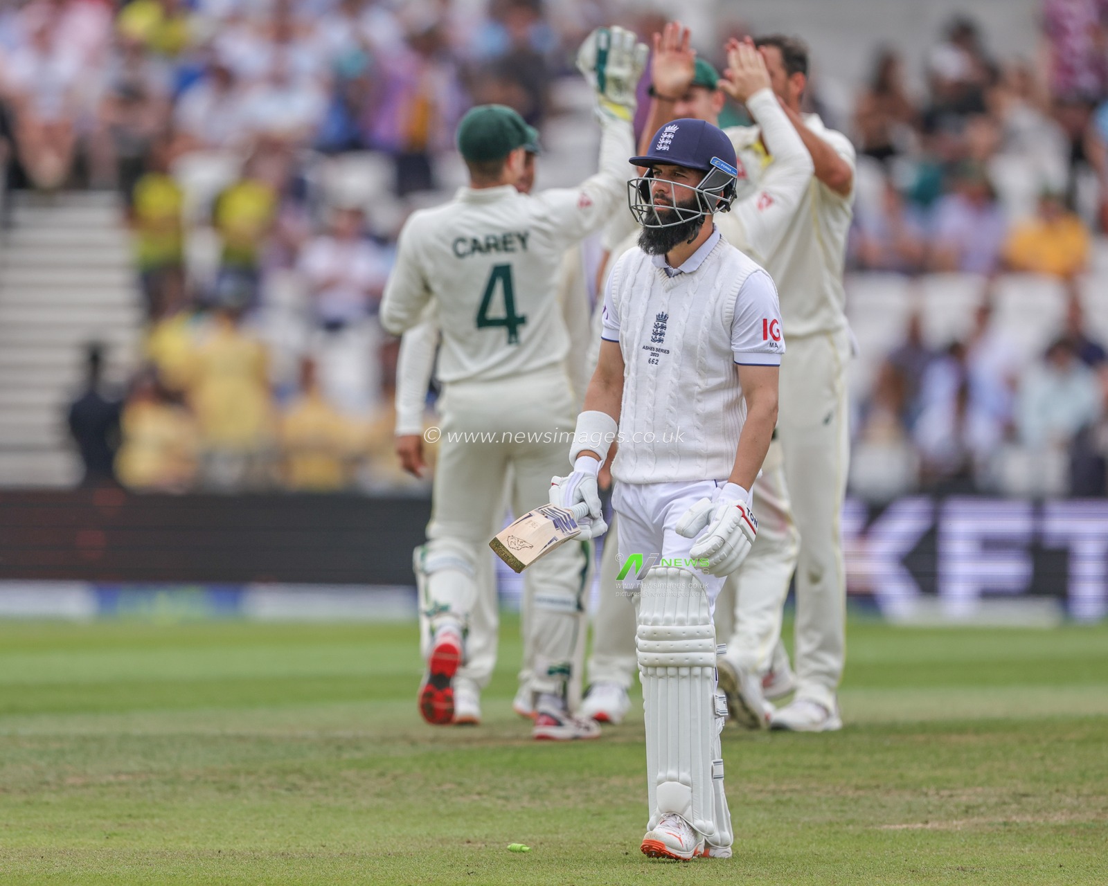 A dejected Moeen Ali of England leaves the field after being bowled out by Mitchell Starc of Australia during the LV= Insurance Ashes Third Test Series Day 4 England vs Australia at Headingley Stadium, Leeds, United Kingdom, 9th July 2023

(Photo by Mark Cosgrove/News Images)