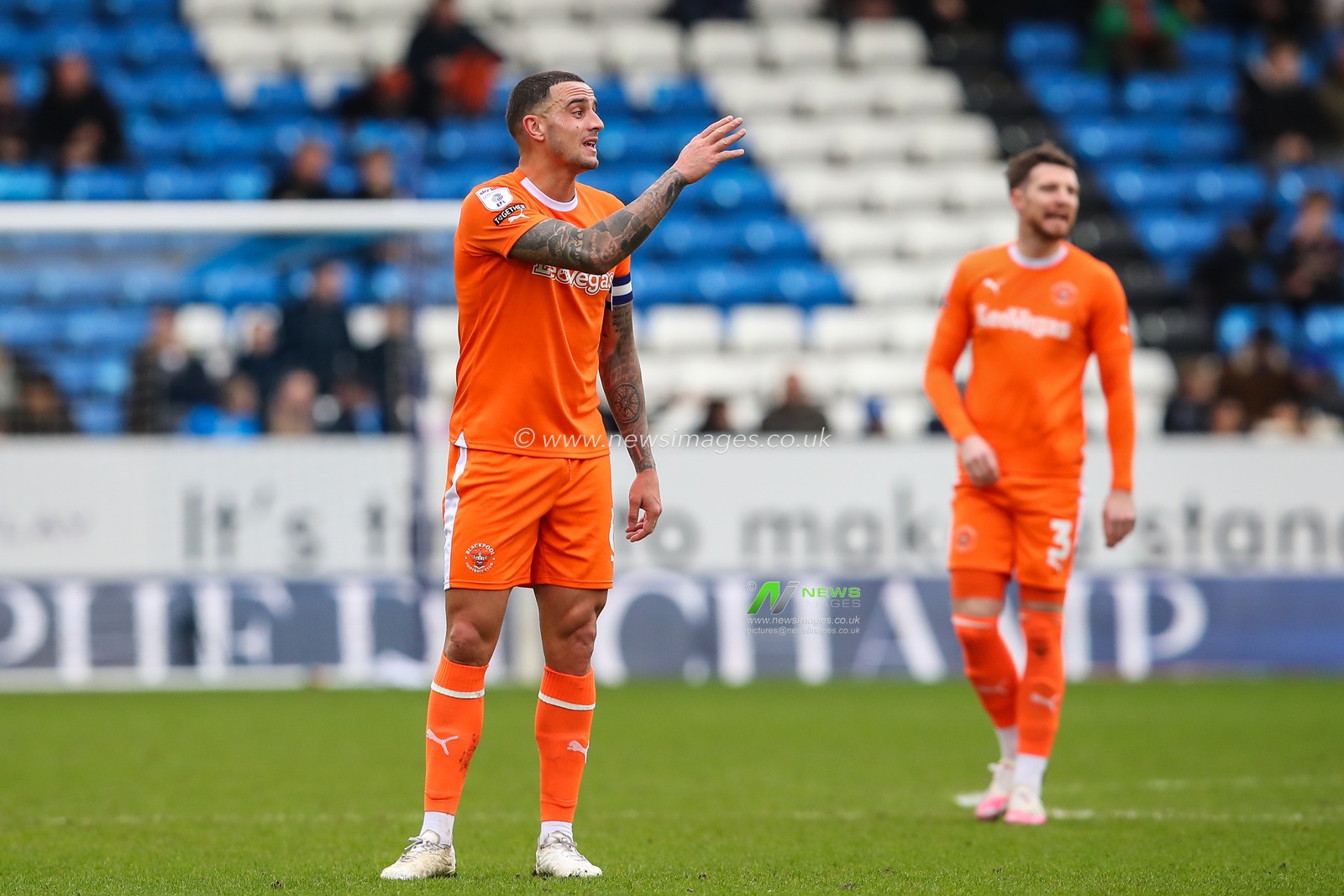 Oliver Norburn of Blackpool gives his teammates instructions during the Sky Bet League 1 match Peterborough United vs Blackpool at Weston Homes Stadium, Peterborough, United Kingdom, 17th February 2024

(Photo by Gareth Evans/News Images)