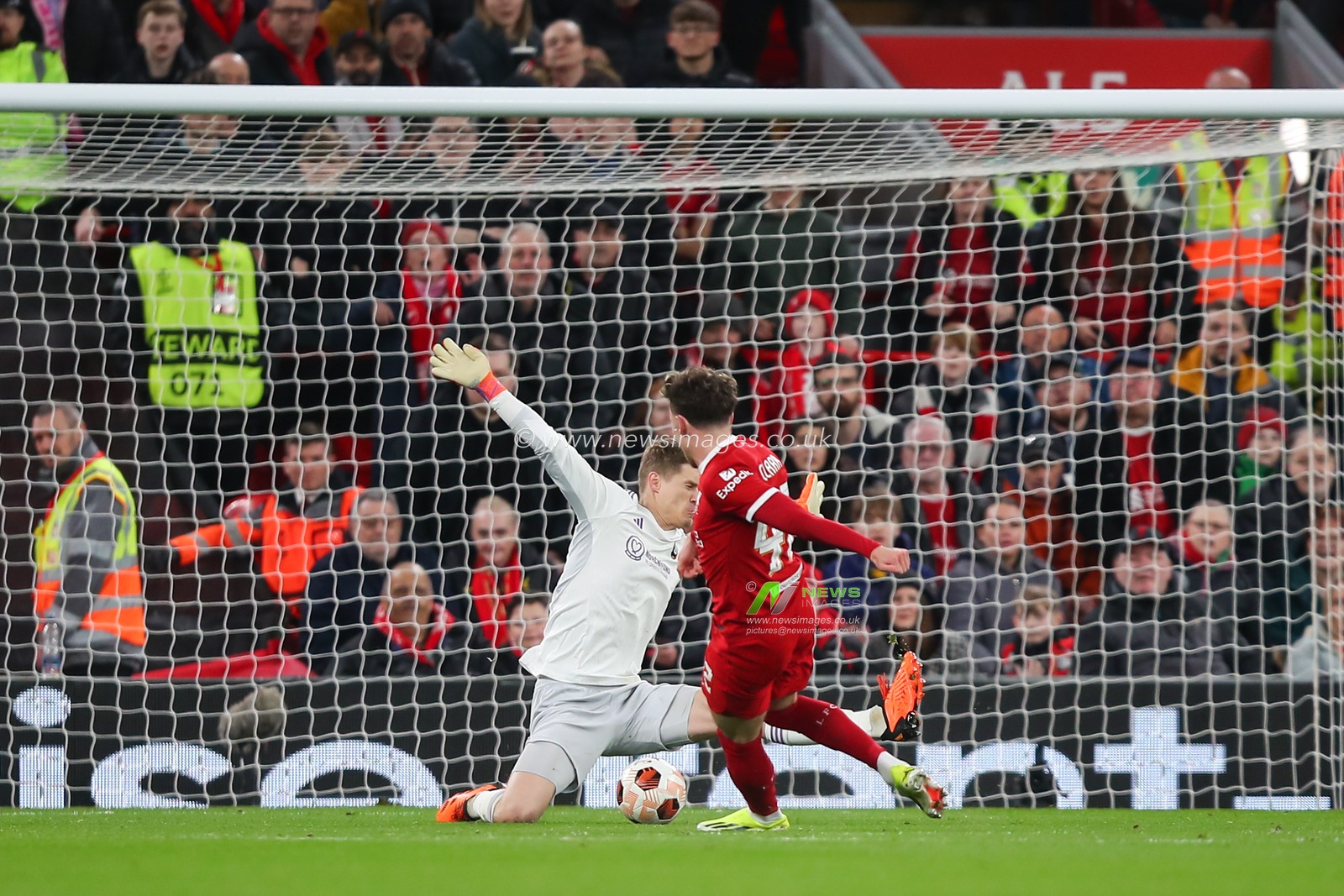 Bobby Clark of Liverpool strikes the ball to make it 2-0 Liverpool, during the UEFA Europa League match Liverpool vs Sparta Prague at Anfield, Liverpool, United Kingdom, 14th March 2024

(Photo by Gareth Evans/News Images)