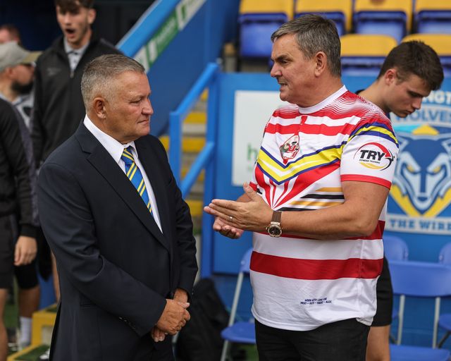 Warrington Chairman Stuart Middleton speaks to Leigh Leopards owner Derek Beaumont during the Betfred Super League Round 25 match Warrington Wolves vs Leigh Leopards at Halliwell Jones Stadium, Warrington, United Kingdom, 6th September 2025

(Photo by Mark Cosgrove/News Images)