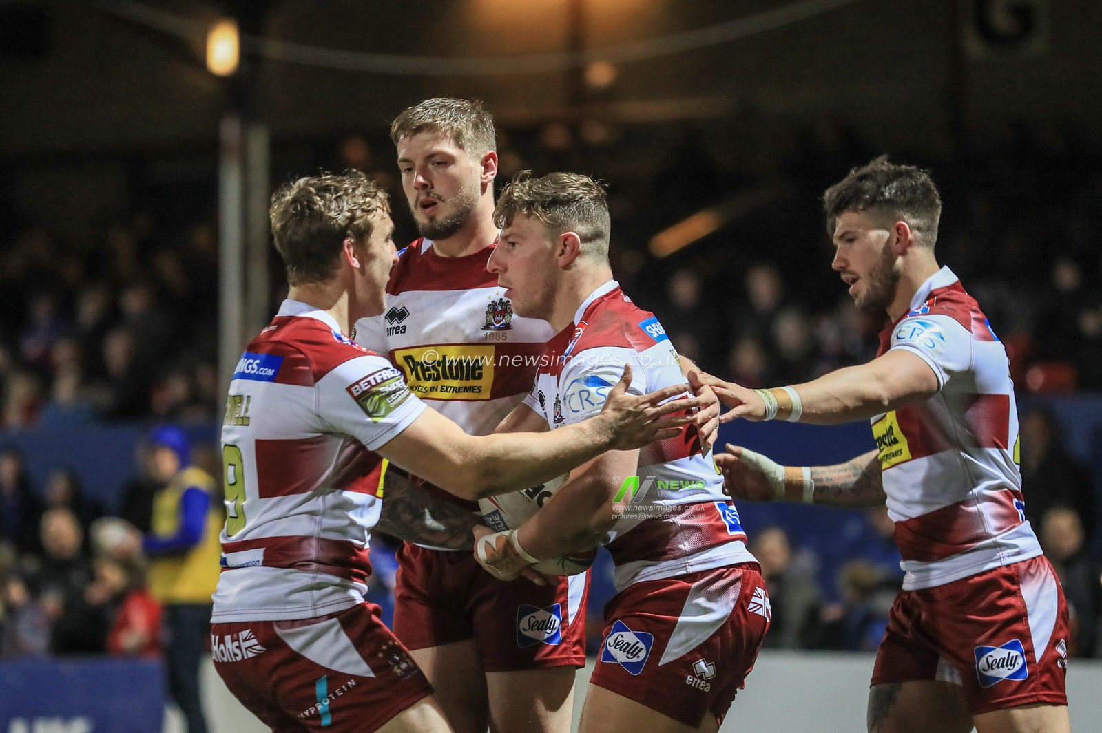 12th April 2019 , The Mobile Rocket Stadium, Wakefield, England;  Betfred Super League, Round 10, Wakefield Trinity vs Wigan Warriors  ; George Williams (6) of Wigan Warriors celebrates his try 

Credit: Mark Cosgrove/News Images