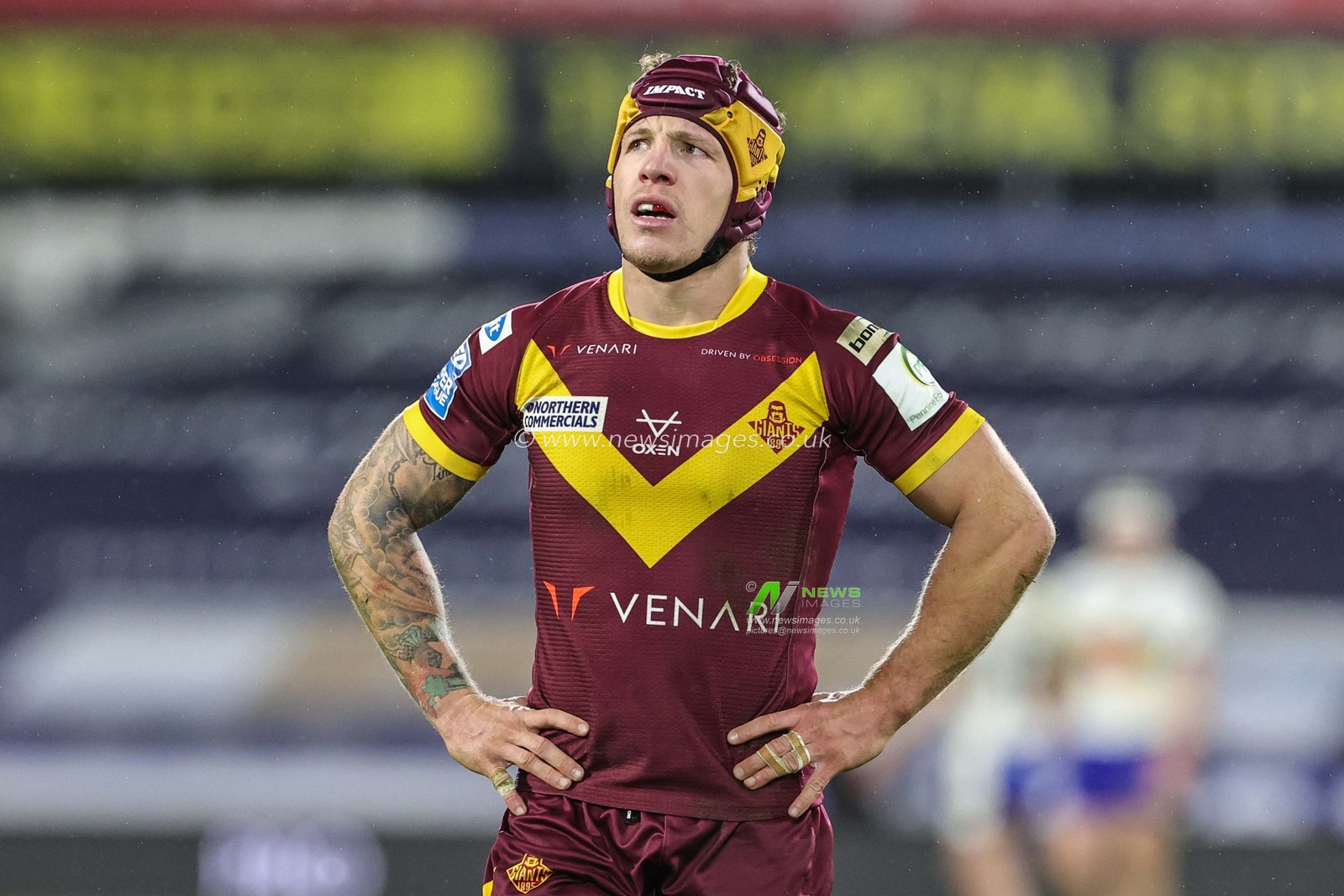 A dejected Theo Fages #7 of Huddersfield Giants looks up at the big screen after wire score a try during the Betfred Super League Round 2 match Huddersfield Giants vs Warrington Wolves at John Smith's Stadium, Huddersfield, United Kingdom, 24th February 2023

(Photo by Mark Cosgrove/News Images)