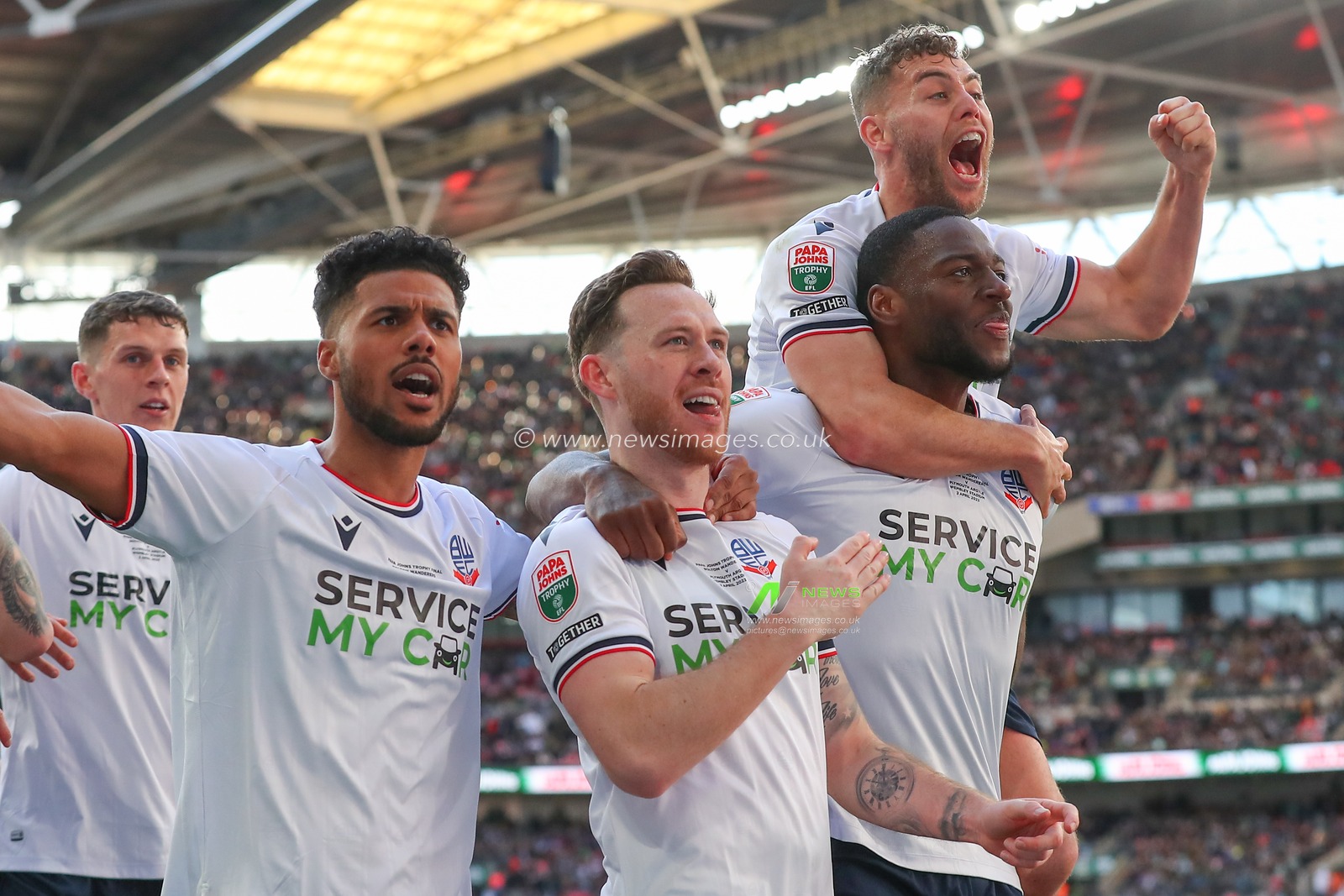 Gethin Jones #2 of Bolton Wanderers celebrates his goal to make it 4-0 during the Papa John's Trophy Final match Bolton Wanderers vs Plymouth Argyle at Wembley Stadium, London, United Kingdom, 2nd April 2023

(Photo by Gareth Evans/News Images)