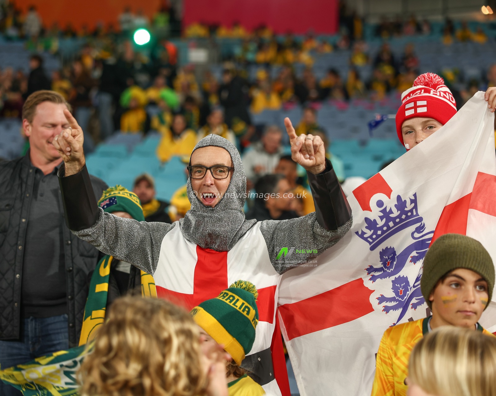 Fans arrive in costumes during the FIFA Women's World Cup 2023 Semi-Final match Australia Women vs England Women at Stadium Australia, Sydney, Australia, 16th August 2023

(Photo by Patrick Hoelscher/News Images)