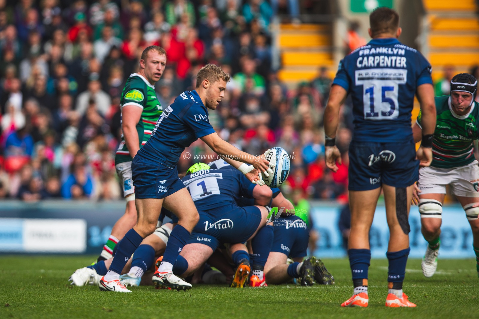 Gus Warr of Sale Sharks during the Gallagher Premiership Play-off Semi-final Leicester Tigers vs Sale Sharks at Mattioli Woods Welford Road Stadium, Leicester, United Kingdom, 7th June 2025

(Photo by Craig Evans/News Images)