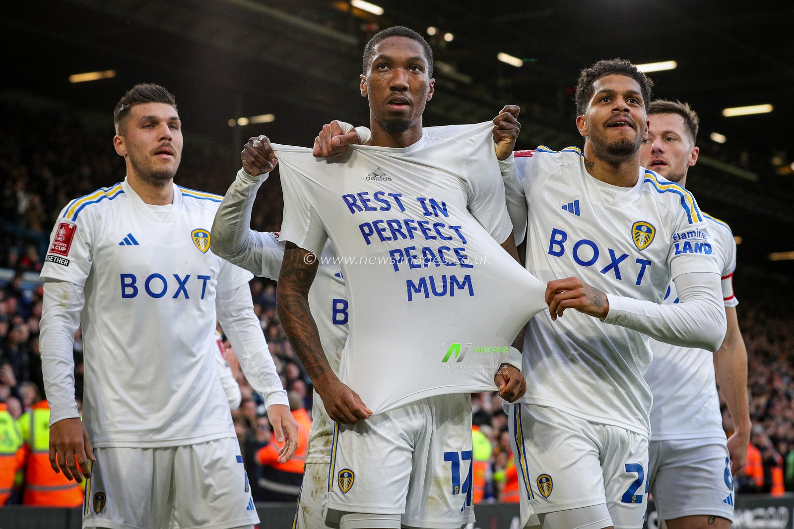Jaidon Anthony of Leeds United celebrates his goal with a message to his mum reading rest in perfect peace mum and makes the score 1-0 during the Emirates FA Cup  Fourth Round match Leeds United vs Plymouth Argyle at Elland Road, Leeds, United Kingdom, 27th January 2024

(Photo by James Heaton/News Images)