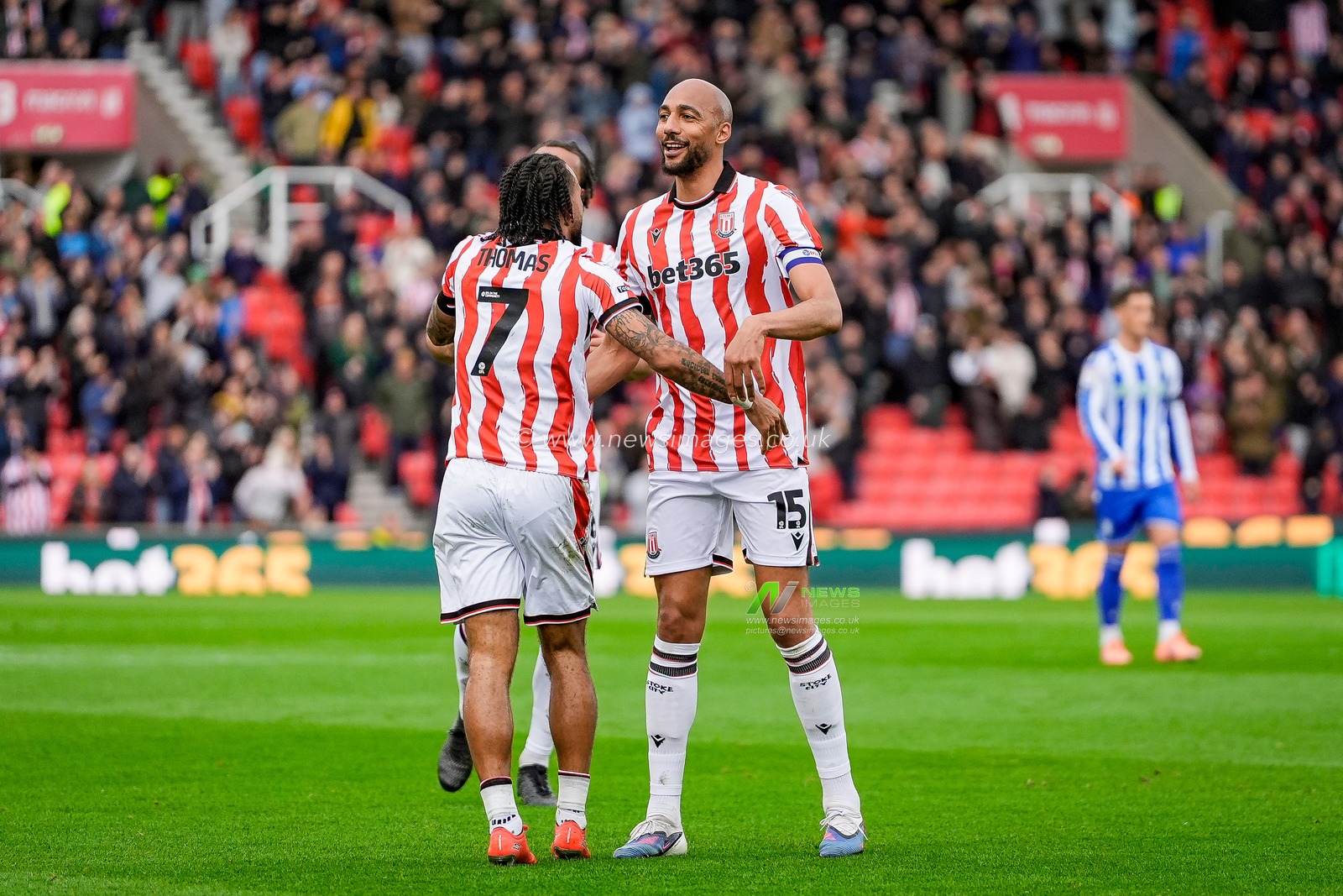 Sorba Thomas of Stoke City and Steven Nzonzi of Stoke City celebrate Jesurun Rak-Sakyi of Stoke City scoring a goal to make it  1-0 during the Sky Bet Championship match Stoke City vs Sheffield Wednesday at Bet365 Stadium, Stoke On Trent, United Kingdom on 03 April 2026

(Photo by Maynard Manyowa/News Images)