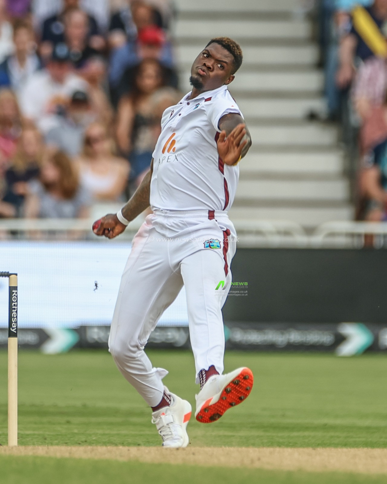Alzarri Joseph of West Indies delivers the ball during the Rothesay Test Match day three England vs West Indies at Trent Bridge, Nottingham, United Kingdom, 20th July 2024

(Photo by Mark Cosgrove/News Images)