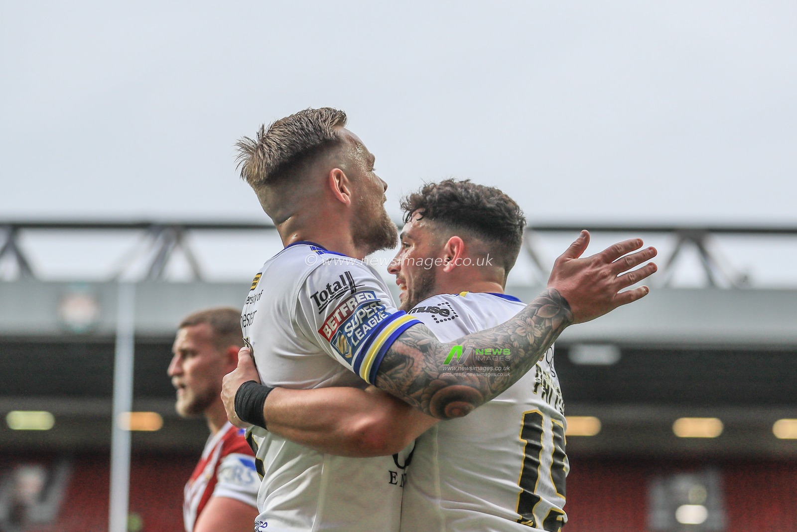 25th May 2019 , Anfield Stadium, Liverpool, England; Dacia Magic Weekend, Betfred Super League Round 16, Wigan Warriors vs Warrington Wolves ; Declan Patton (15) of Warrington Wolves celebrates his try 

Credit: Mark Cosgrove/News Images