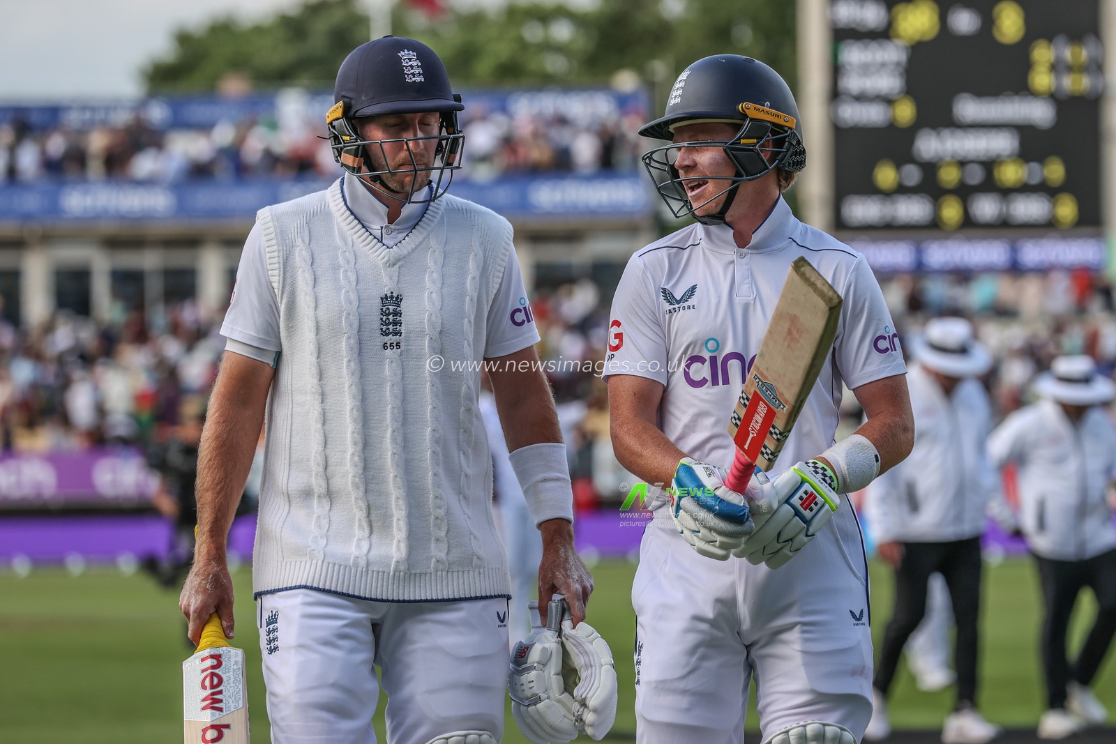 Joe Root of England and Ollie Pope of England leave the field of play at the end of day one during the 3rd Rothesay Test Match Day One match England vs West Indies at Edgbaston, Birmingham, United Kingdom, 26th July 2024

(Photo by Mark Cosgrove/News Images)