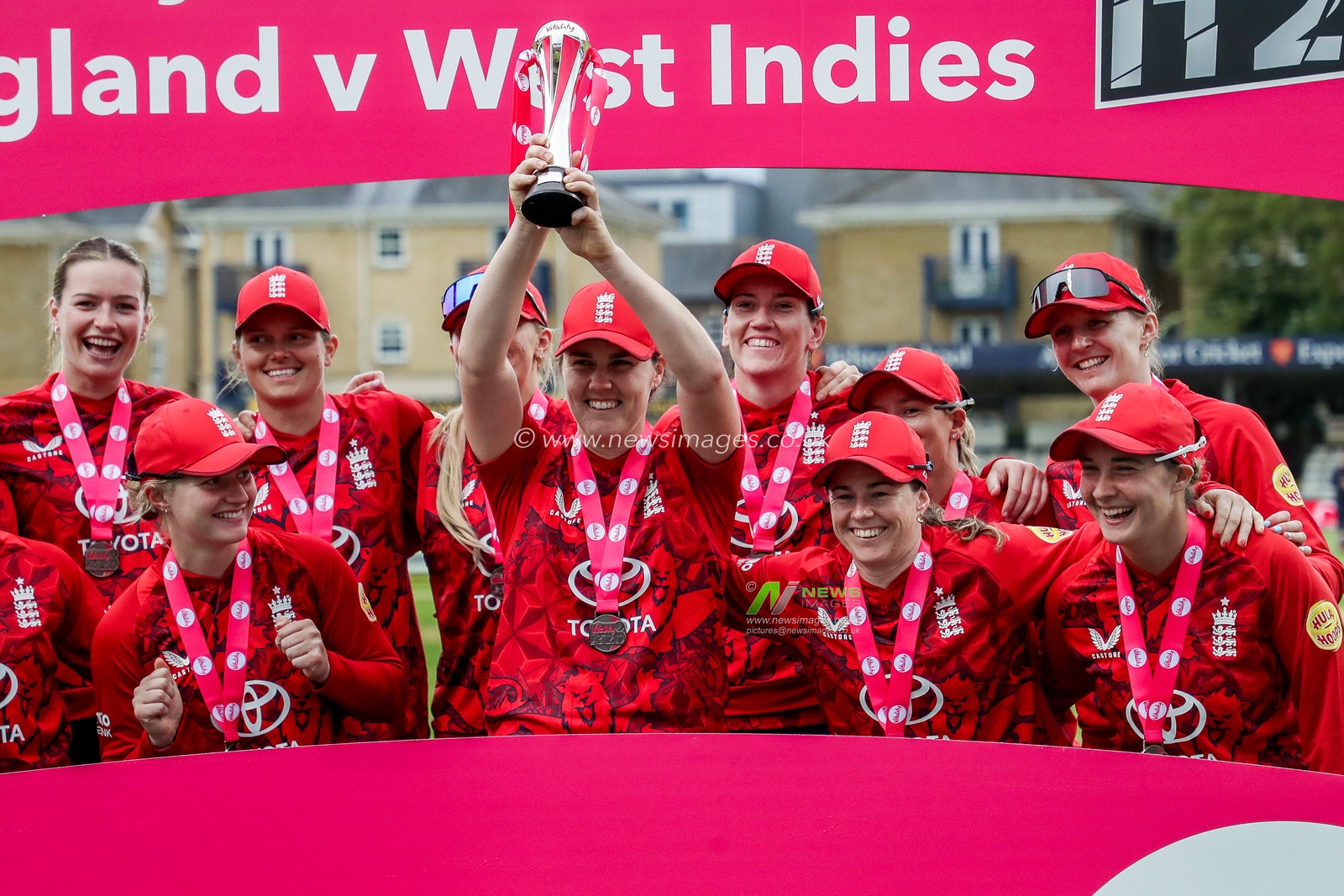 England Women celebrate winning the series 3-0 following the 3rd Vitality IT20 Series match England Women vs West Indies Women at The Cloud County Ground, Chelmsford, United Kingdom, 26th May 2025

(Photo by Izzy Poles/News Images)