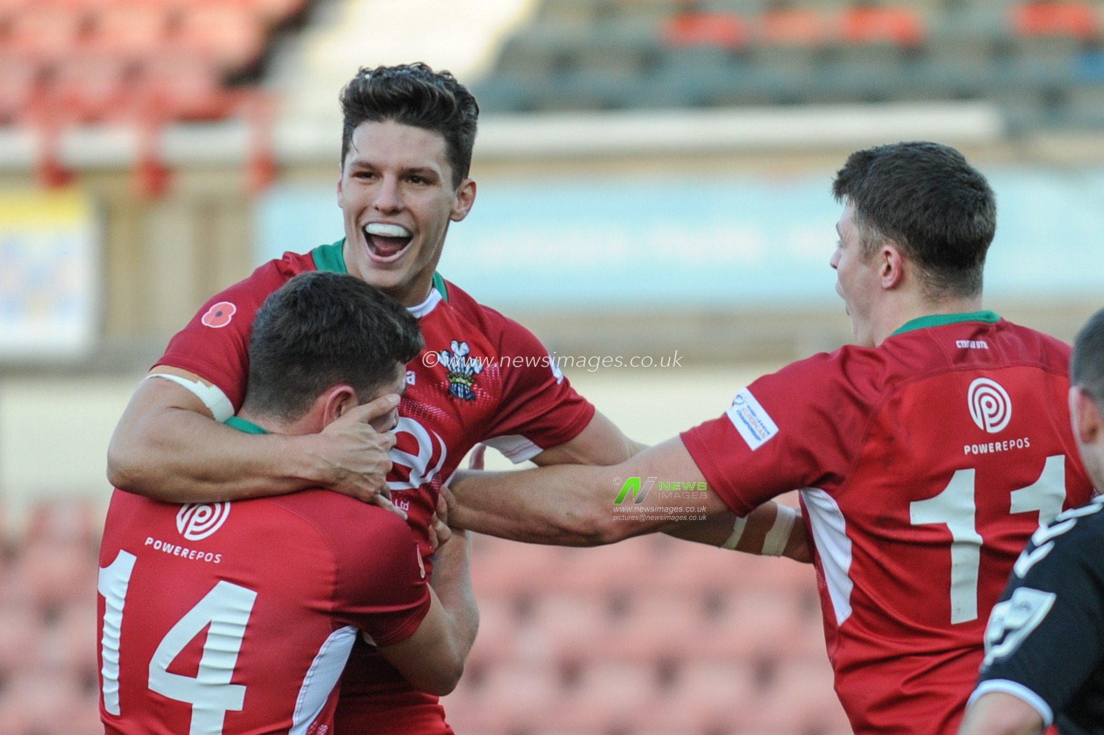 11th November 2018 , Racecourse Ground,  Wrexham, Wales ; Rugby League World Cup Qualifier, Wales v Ireland ; Josh Ralph of Wales (and Easts Tigers) celebrates Wales's 2nd try scored by , Rhodri Lloyd


Credit:   Richard Long/News Images