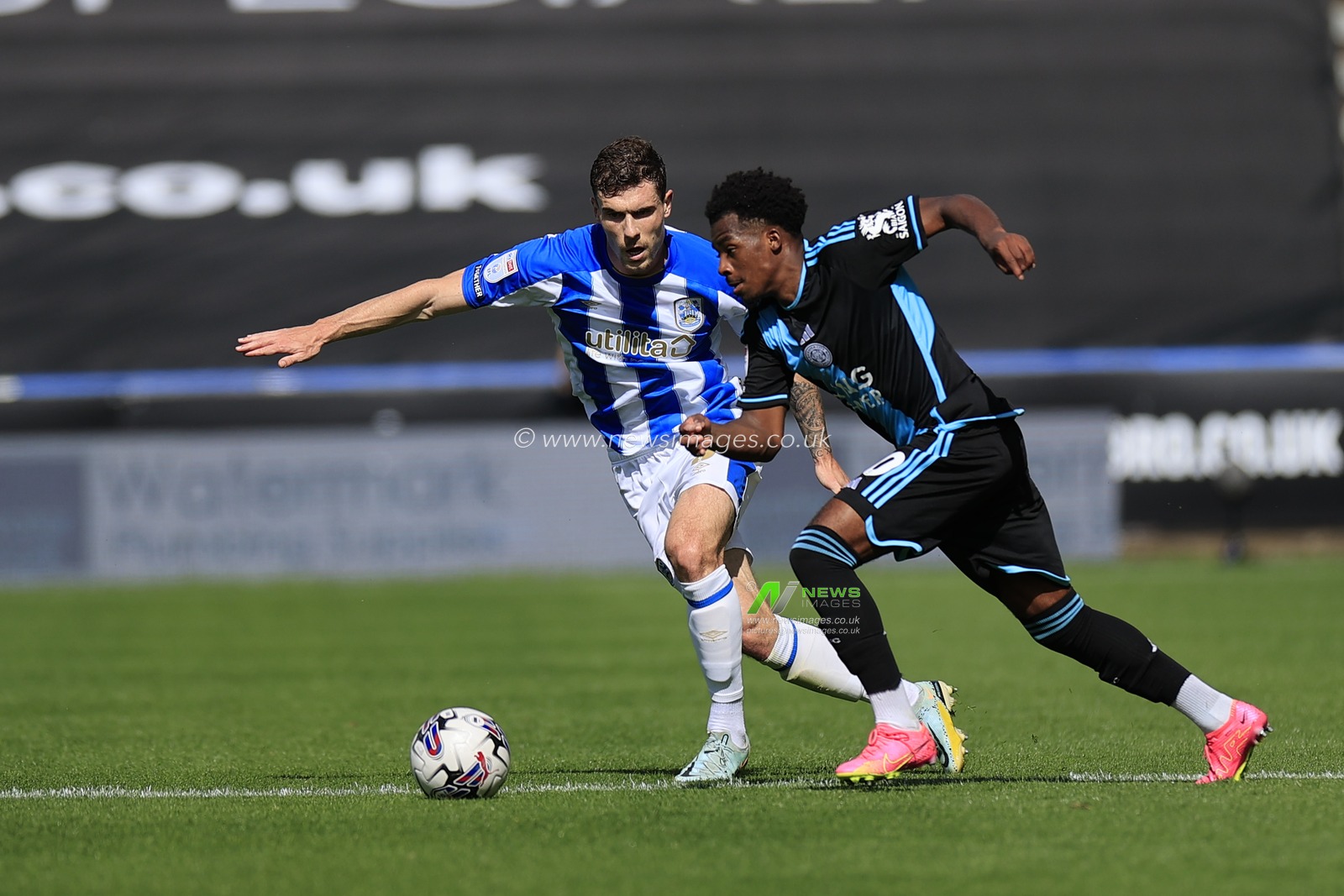 Wanya Marcal-Madivadua #40 of Leicester City tries to get past Josh Ruffels #3 of Huddersfield Townduring the Sky Bet Championship match Huddersfield Town vs Leicester City at John Smith's Stadium, Huddersfield, United Kingdom, 12th August 2023

(Photo by Conor Molloy/News Images)