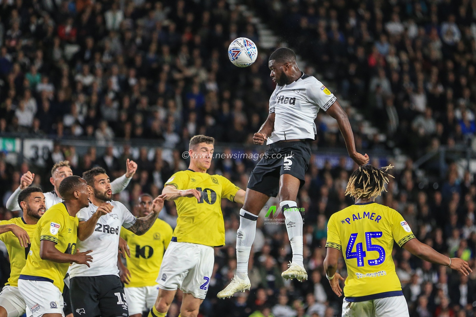 18th September 2018, Pride Park, Derby, England; Sky Bet Championship, Derby County v Blackburn Rovers ; Fikayo Tomori (05) of Derby gets up high for the cross and heads it wide 

Credit: Mark Cosgrove/News Images