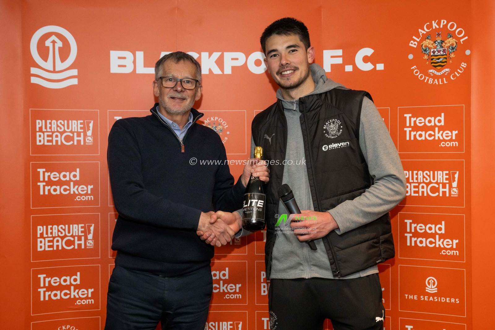 Elkan Baggott of Blackpool receives his man of the match award from todays match sponsorduring the Sky Bet League 1 match Blackpool vs Rotherham United at Bloomfield Road, Blackpool, United Kingdom, 11th February 2025

(Photo by Craig Thomas/News Images)