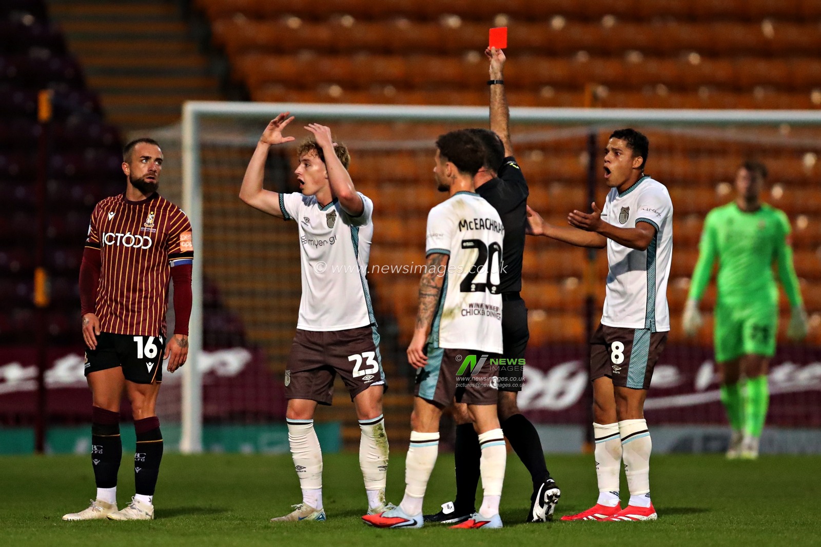 Henry Brown of Grimsby Town is shown a red card during the The Vertu Trophy match Bradford City vs Grimsby Town at University of Bradford Stadium, Bradford, United Kingdom, 2nd September 2025(Photo by Sam Eaden/News Images)