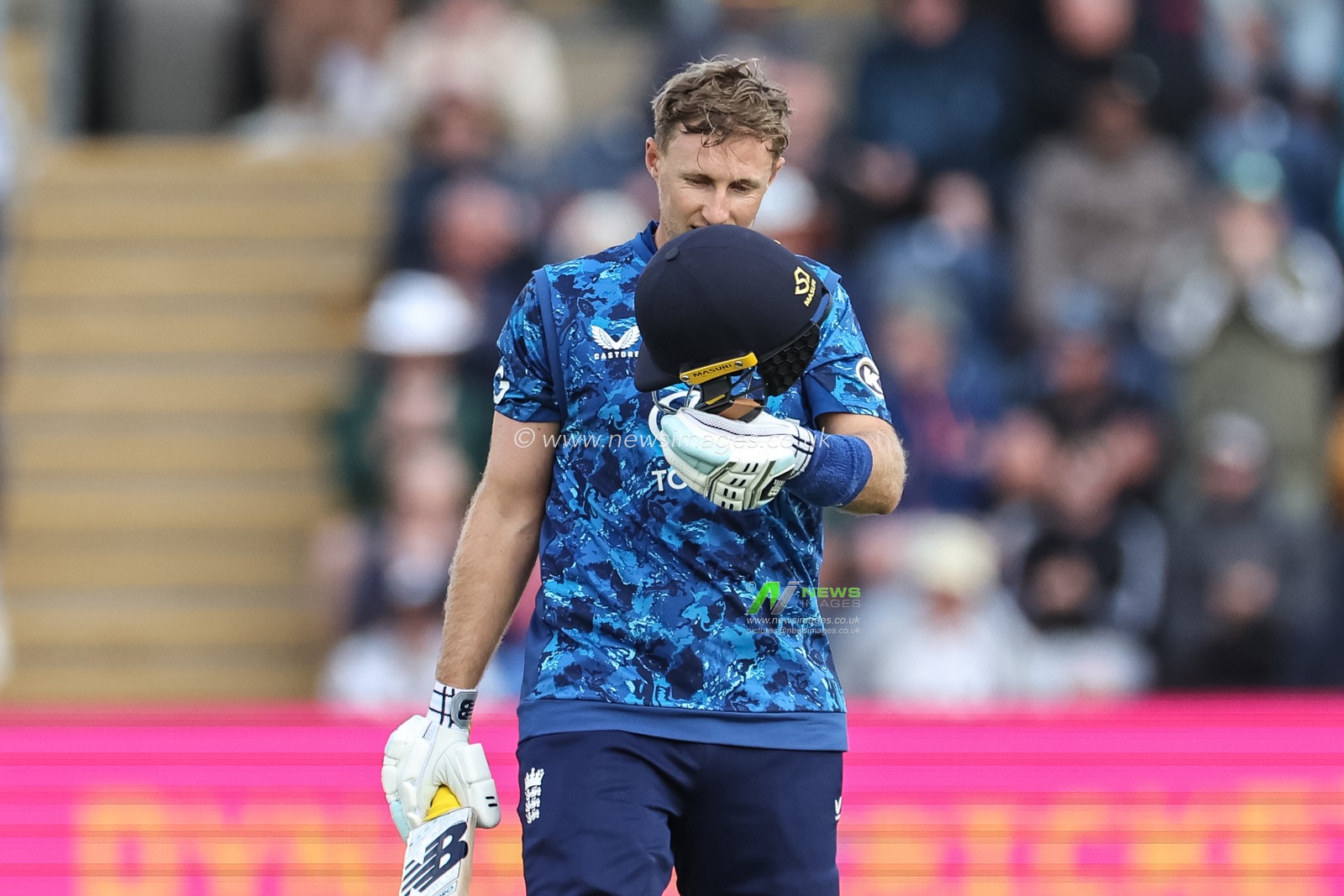 Joe Root of England celebrates a century (100 runs)during the 2nd Metro Bank ODI England v West Indies at Sophia Gardens Cricket Ground, Cardiff, United Kingdom, 1st June 2025

(Photo by Mark Cosgrove/News Images)