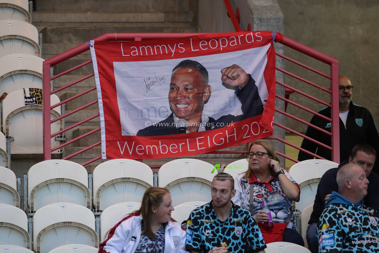 A banner for Leigh Leopards reads â€˜Lammys Leopards WemberLEIGH 2023â€™ in the away section inside The Sewell Group Craven Park Stadium ahead of the Betfred Super League Round 23 match Hull KR vs Leigh Leopards at Sewell Group Craven Park, Kingston upon Hull, United Kingdom, 25th August 2023

(Photo by James Heaton/News Images)