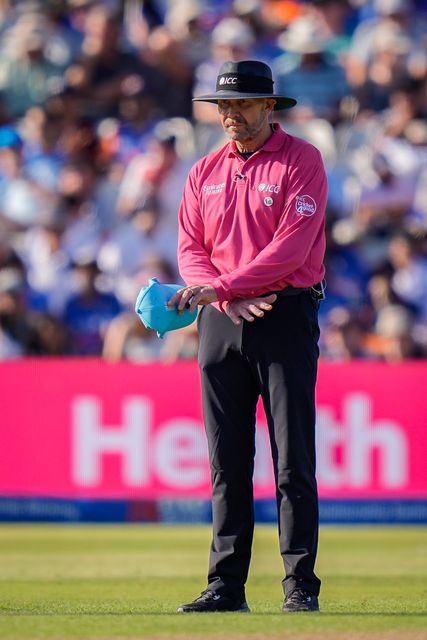 Umpire Mike Burns signals a field England review during the 1st Metro Bank ODI match England vs India at Edgbaston, Birmingham, United Kingdom on 14 July 2026

(Photo by Maynard Manyowa/News Images)
