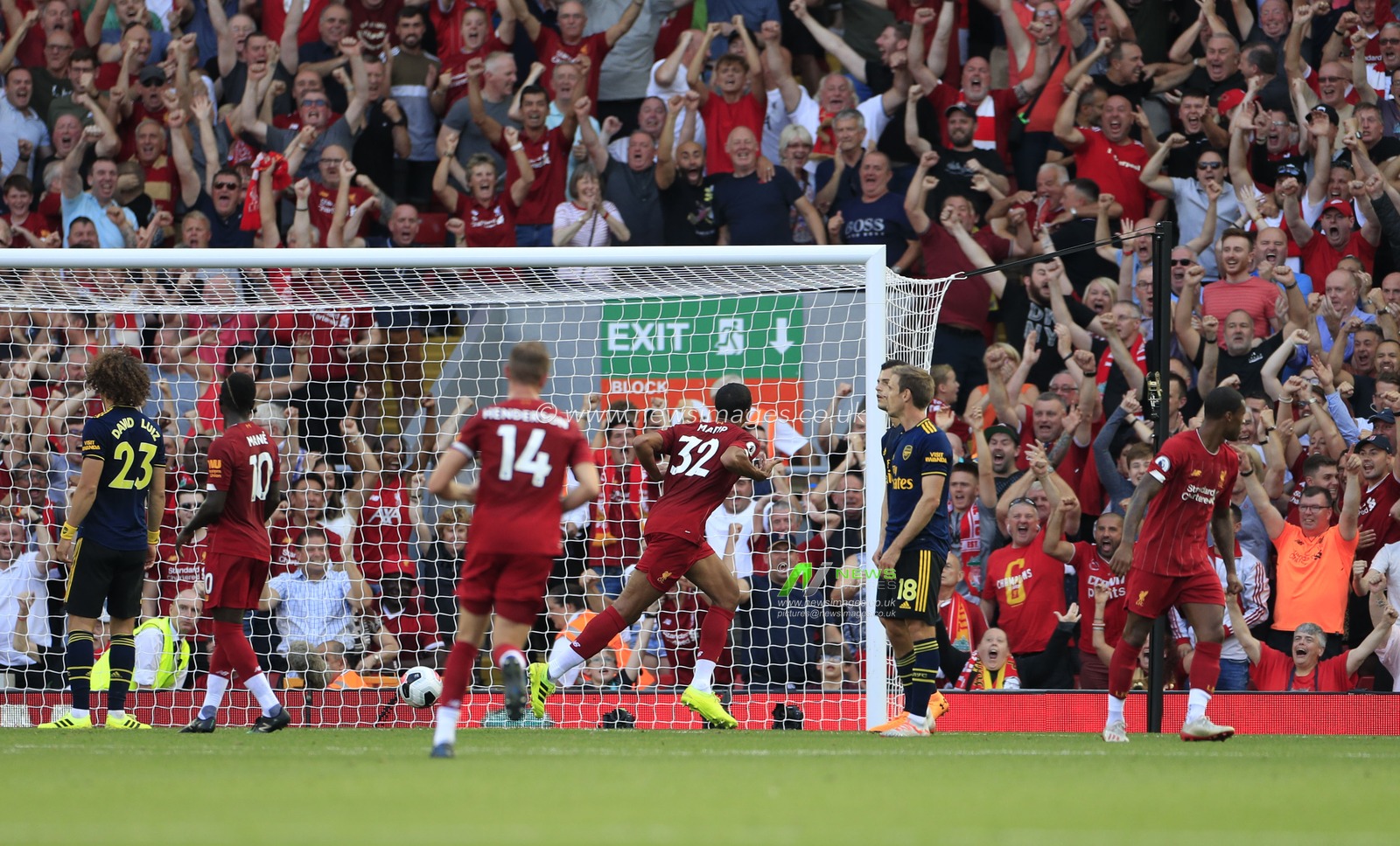23rd August 2019 , Anfield, Liverpool, England; Premier League Football, Liverpool vs Arsenal ;   Joel Matip (23) of Liverpool celebrates scoring the opening goal in the 41st minute, 1-0 to Liverpool

Credit: Conor Molloy/News Images 


Premier League/EFL Football images are subject to DataCo Licence