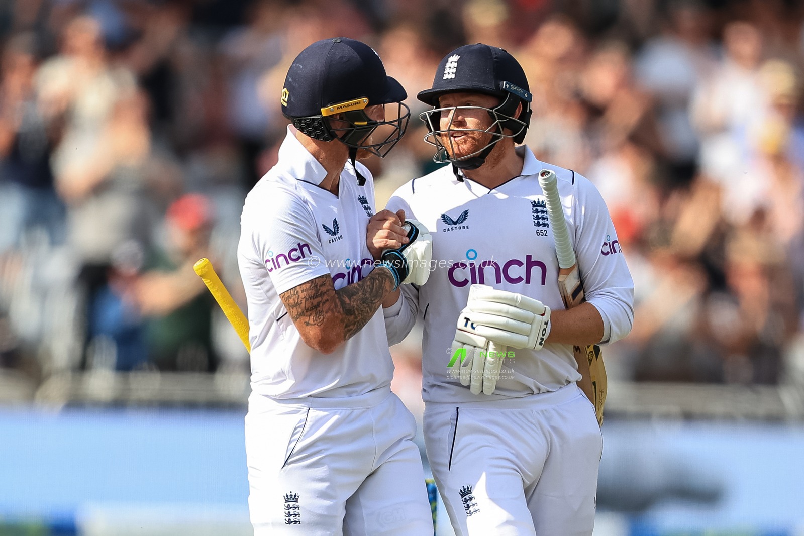 Ben Stokes of England  shakes hands with Jonny Bairstow of England as heâ€™s dismissed for 136