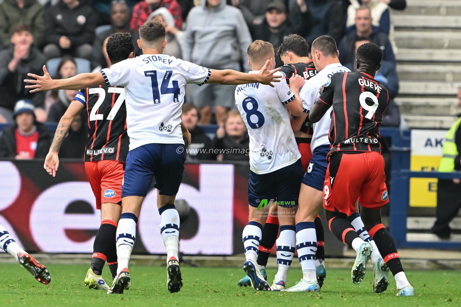 Milutin OsmajiÄ‡ of Preston North End clashes with Owen Beck of Blackburn Rovers during the Sky Bet Championship match Preston North End vs Blackburn Rovers at Deepdale, Preston, United Kingdom, 22nd September 2024

(Photo by Cody Froggatt/News Images)