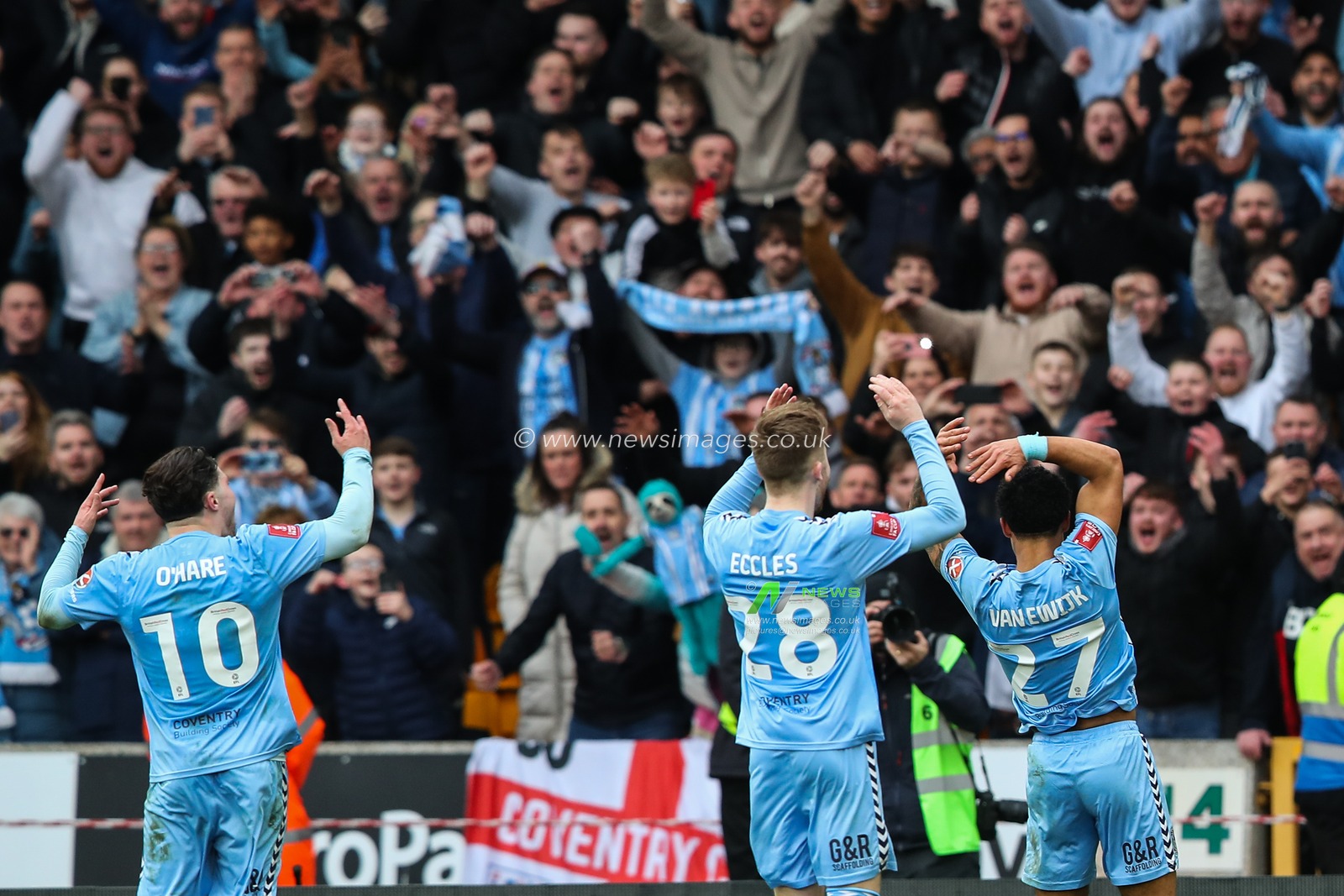 Coventry City players celebrate their teams win after the Emirates FA Cup Quarter- Final match Wolverhampton Wanderers vs Coventry City at Molineux, Wolverhampton, United Kingdom, 16th March 2024

(Photo by Gareth Evans/News Images)