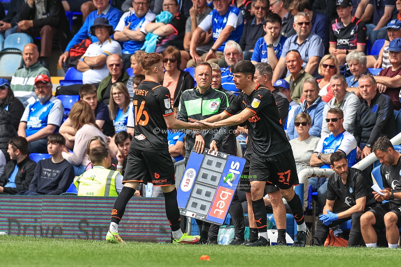 Luke Mariette #37 of Blackpool makes his club debut as he comes on for Sonny Carey #16 of Blackpool
