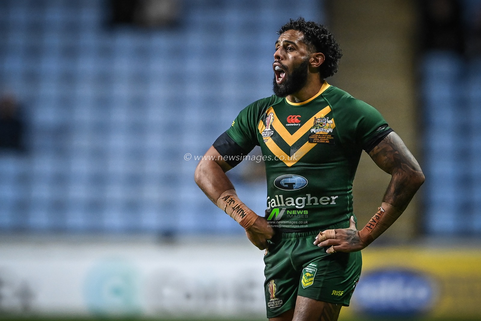Josh Addo-Carr of Australia gives his team instructions during the Rugby League World Cup 2021 match Australia vs Scotland at Coventry Building Society Arena, Coventry, United Kingdom, 21st October 2022

(Photo by Craig Thomas/News Images)