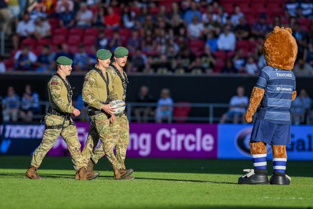 Three Royal Marines deliver the match ball during the Gallagher Premiership match Bristol Bears vs Bath at Ashton Gate, Bristol, United Kingdom on 29 May 2026

(Photo by Alex Williamson/News Images)