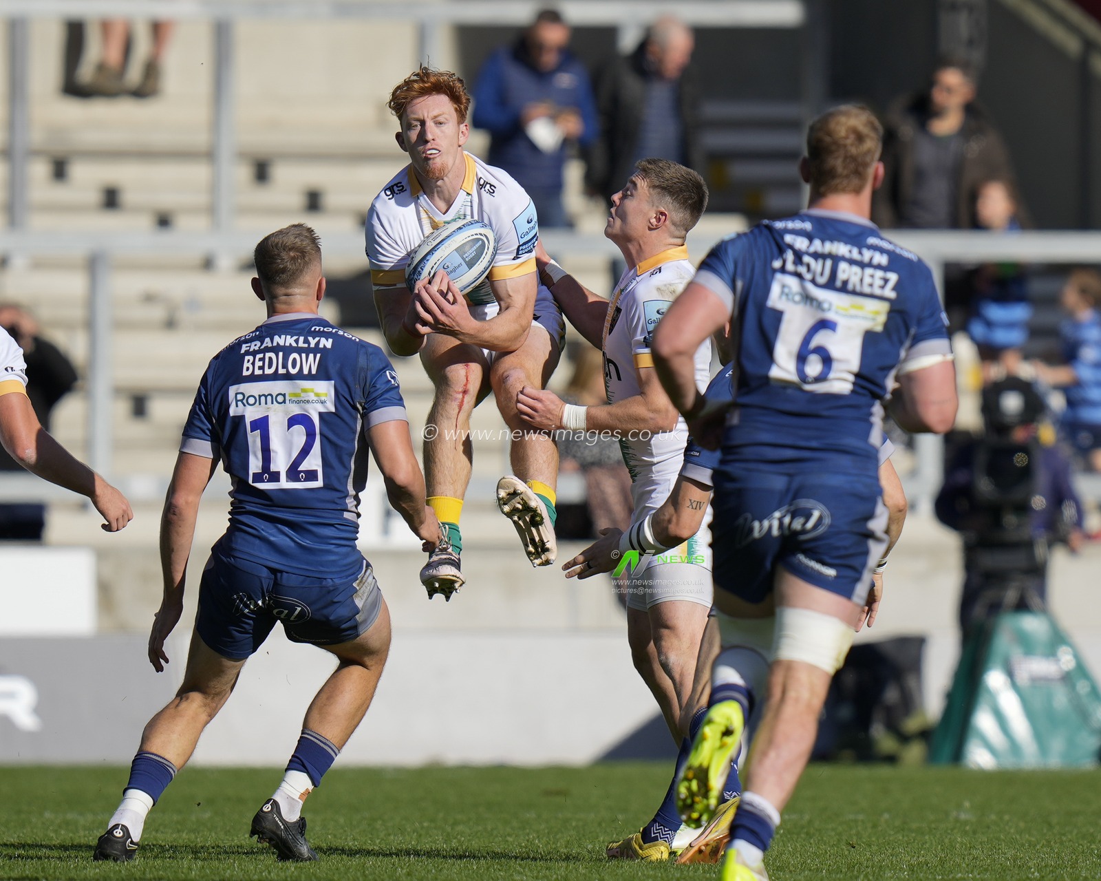 George Hendy #15 of Northampton Saints catches a high kick during the Gallagher Premiership match Sale Sharks vs Northampton Saints at AJ Bell Stadium, Eccles, United Kingdom, 15th October 2023

(Photo by Steve Flynn/News Images)