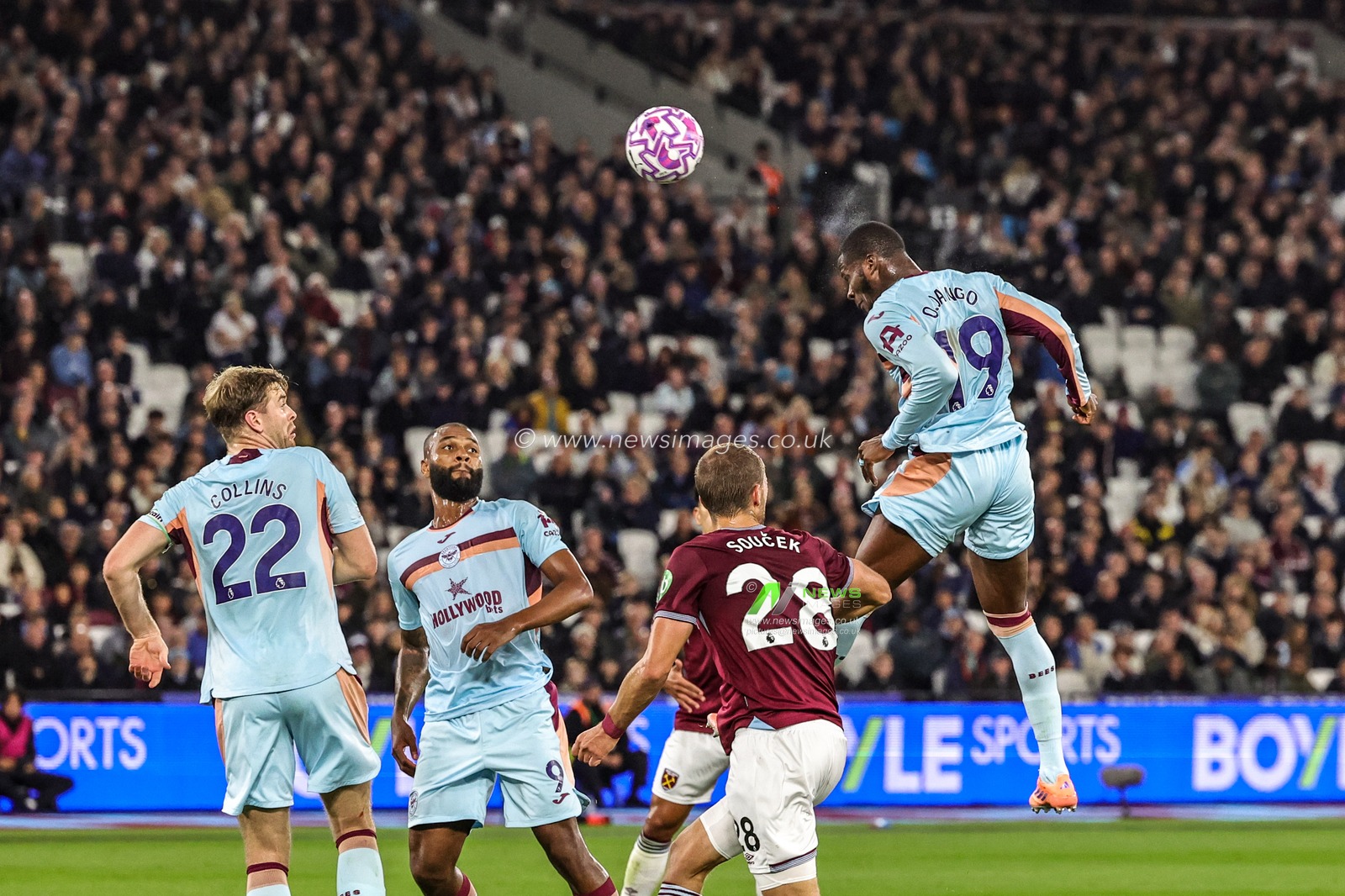 Dango Ouattara of Brentford heads on goal putting it behind for a corner during the Premier League match West Ham United vs Brentford at London Stadium, London, United Kingdom, 20th October 2025

(Photo by Mark Cosgrove/News Images)
