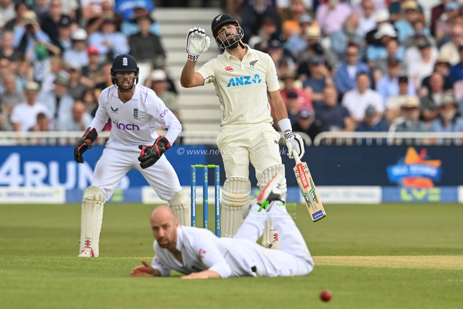 Daryl Mitchell of New Zealand plays a shot past Jack Leach of England during day 2 of the 2nd Test between the New Zealand Blackcaps and England at Trent Bridge Cricket Ground, Nottingham, England on Saturday 11 June 2022.