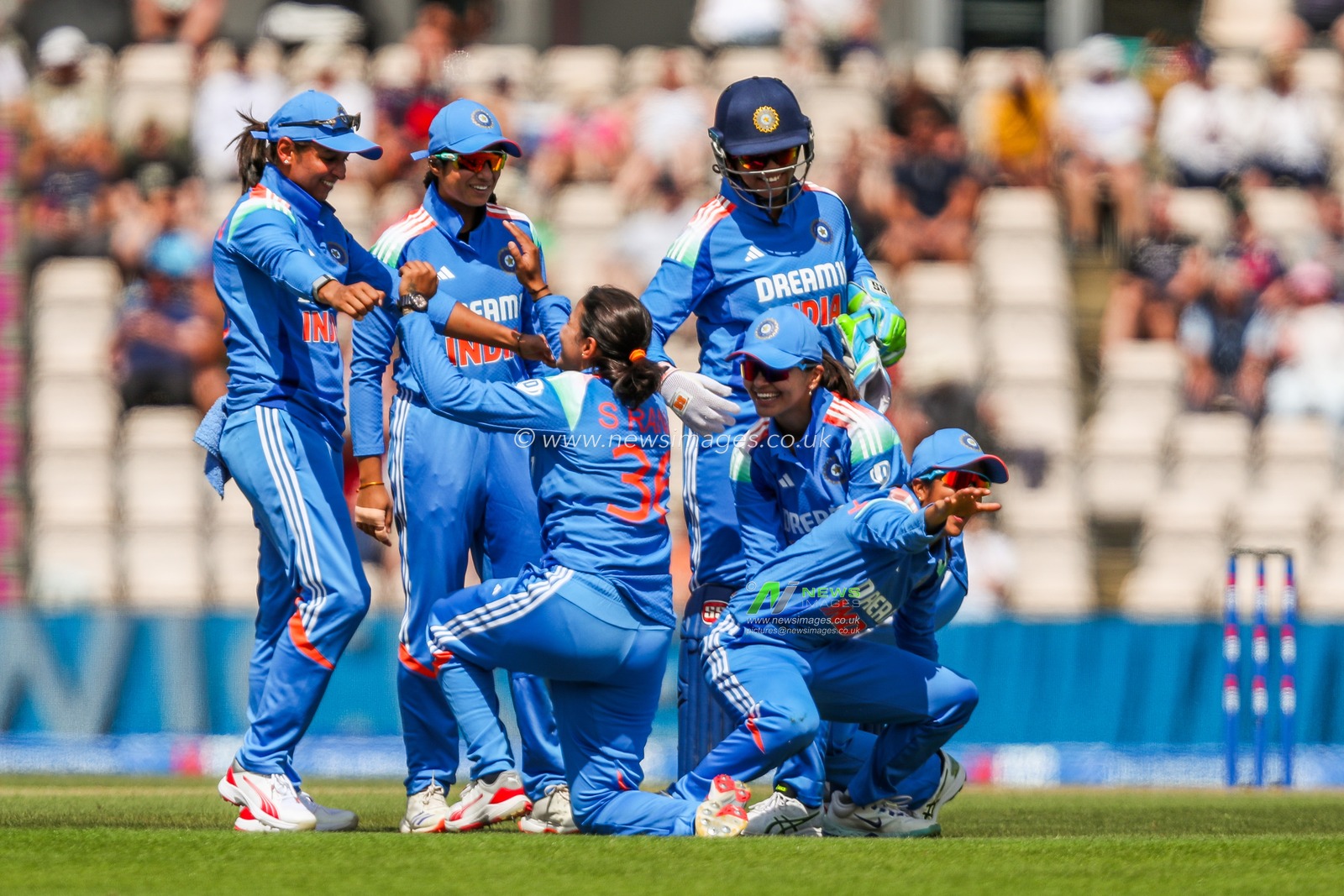 Jemimah of India celebrates her catch with teammates during the 1st Metro Bank One Day International match England Women vs India Women at The Utilita Bowl, Southampton, United Kingdom, 16th July 2025

(Photo by Izzy Poles/News Images)