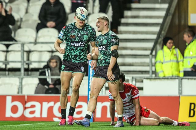 Bailey Hodgson of Leigh Leopards celebrates his try during the Betfred Super League match St Helens vs Leigh Leopards at The BrewDog Stadium, St Helens, United Kingdom on 20 February 2026

(Photo by Alfie Cosgrove/News Images)