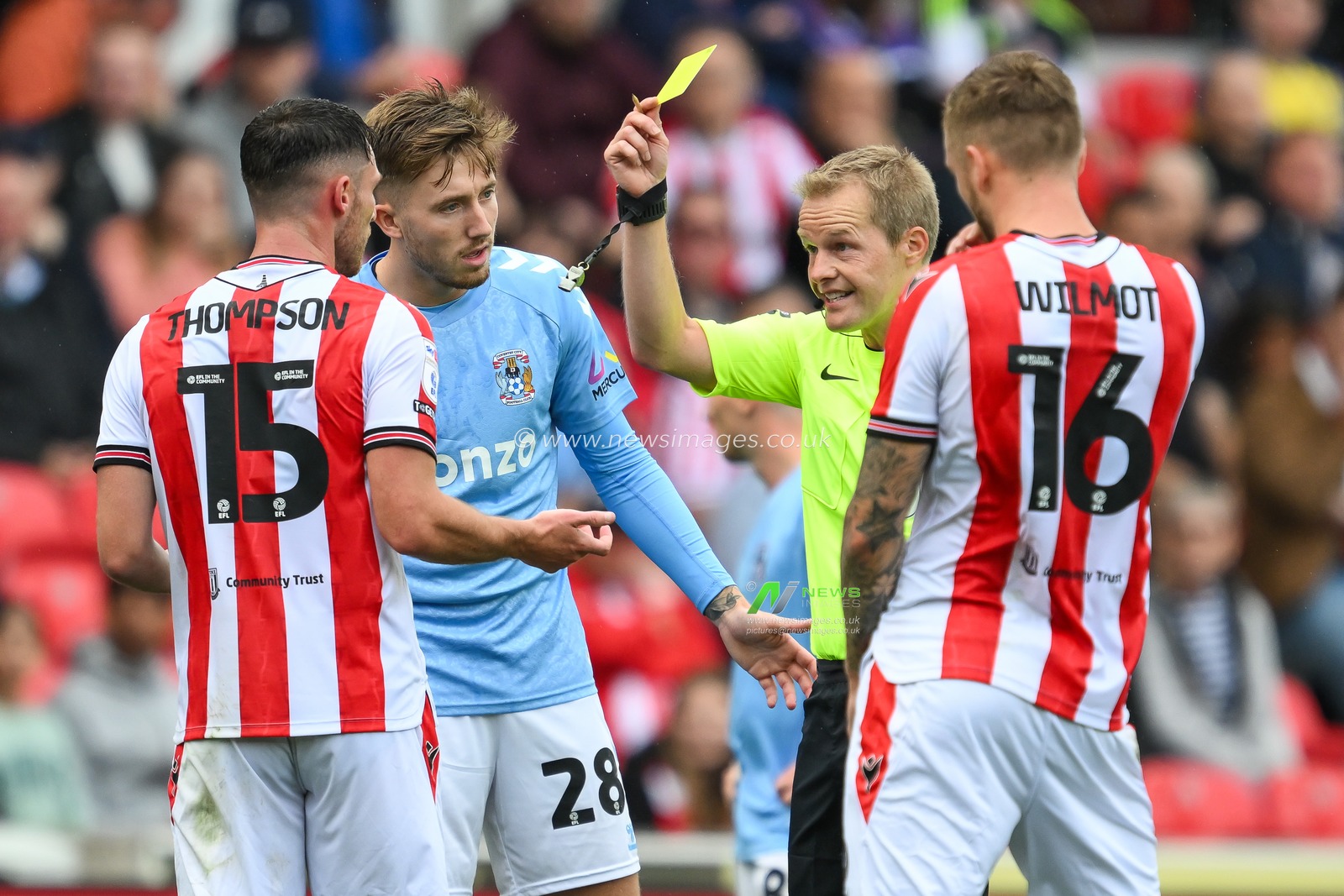 Referee Gavin Ward gives a yellow card to Jordan Thompson of Stoke City during the Sky Bet Championship match Stoke City vs Coventry City at Bet365 Stadium, Stoke-on-Trent, United Kingdom, 10th August 2024

(Photo by Craig Thomas/News Images)