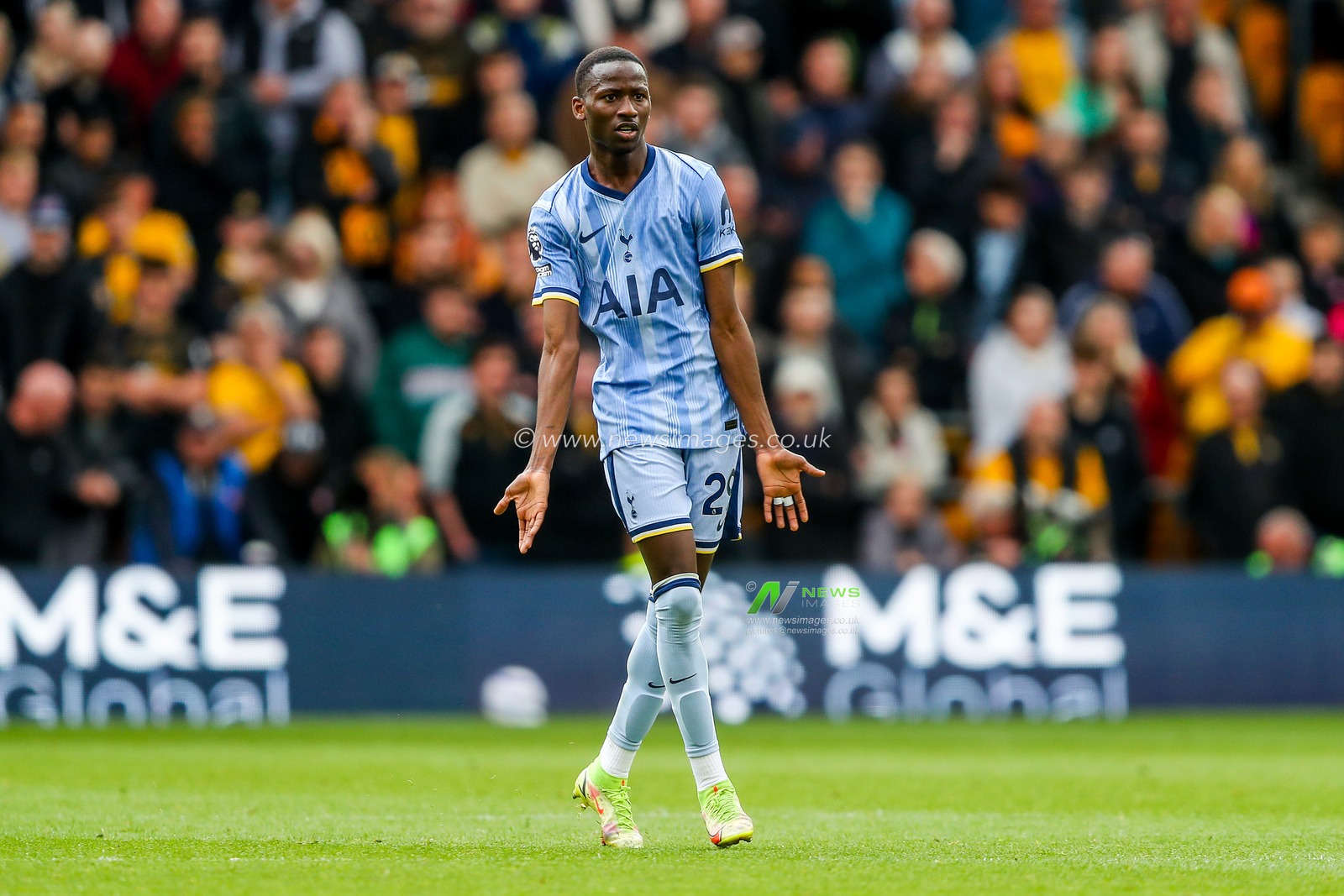 Pape Matar Sarr of Tottenham Hotspur reacts during the Premier League match Wolverhampton Wanderers vs Tottenham Hotspur at Molineux, Wolverhampton, United Kingdom, 13th April 2025

(Photo by Gareth Evans/News Images)