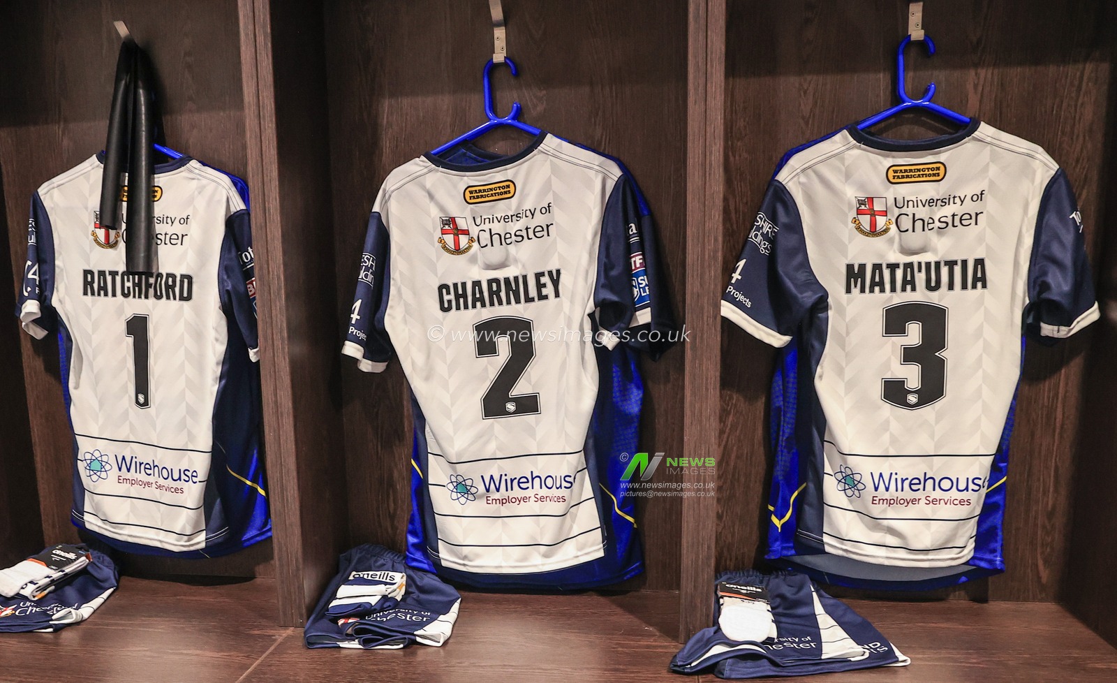 Warringtonâ€™s Dressing room game shirts of Stefan Ratchford #1 of Warrington Wolves, Josh Charnley #2 of Warrington Wolves and Peter Mataâ€™utia #3 of Warrington Wolves