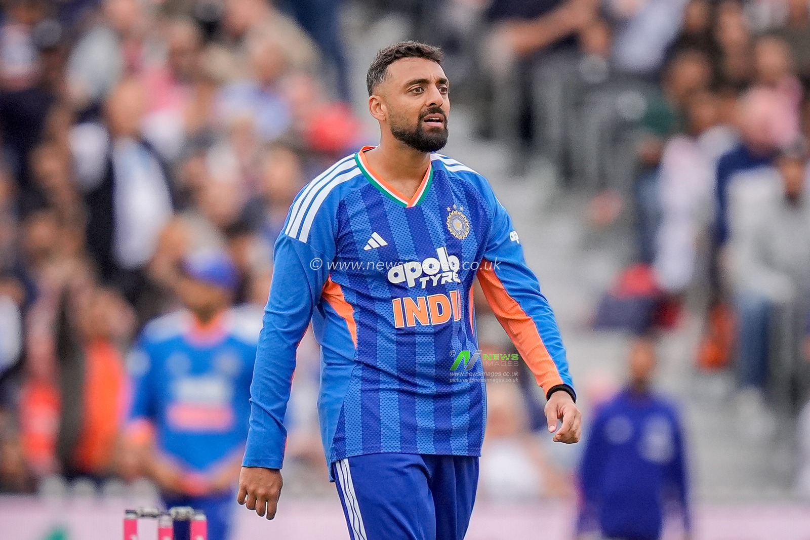 Varun Chakravarthy of India celebrates trapping Will Jacks of England LBW during the Second Vitality T20 International match England vs India at Old Trafford, Manchester, United Kingdom on 04 July 2026

(Photo by Maynard Manyowa/News Images)