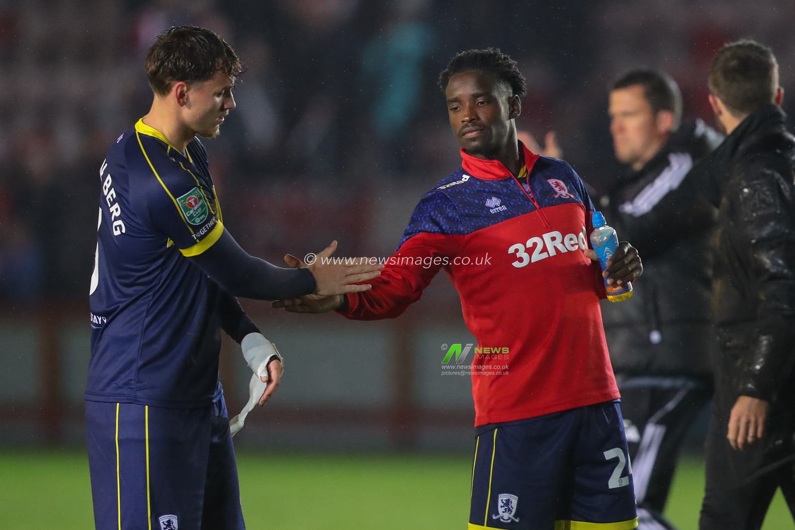 Rav van den Berg #3 of Middlesbrough and Alex Bangura #24 of Middlesbrough embrace after the Carabao Cup match Exeter City vs Middlesbrough at St James' Park, Exeter, United Kingdom, 31st October 2023

(Photo by Gareth Evans/News Images)
