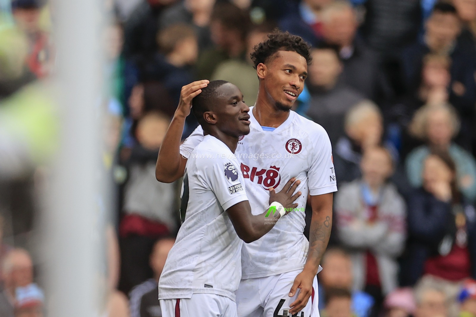 Moussa Diaby #19 of Aston Villa celebrates scoring to make it 1-3 with Boubacar Kamara #44 of Aston Villa during the Premier League match Burnley vs Aston Villa at Turf Moor, Burnley, United Kingdom, 27th August 2023

(Photo by Conor Molloy/News Images)